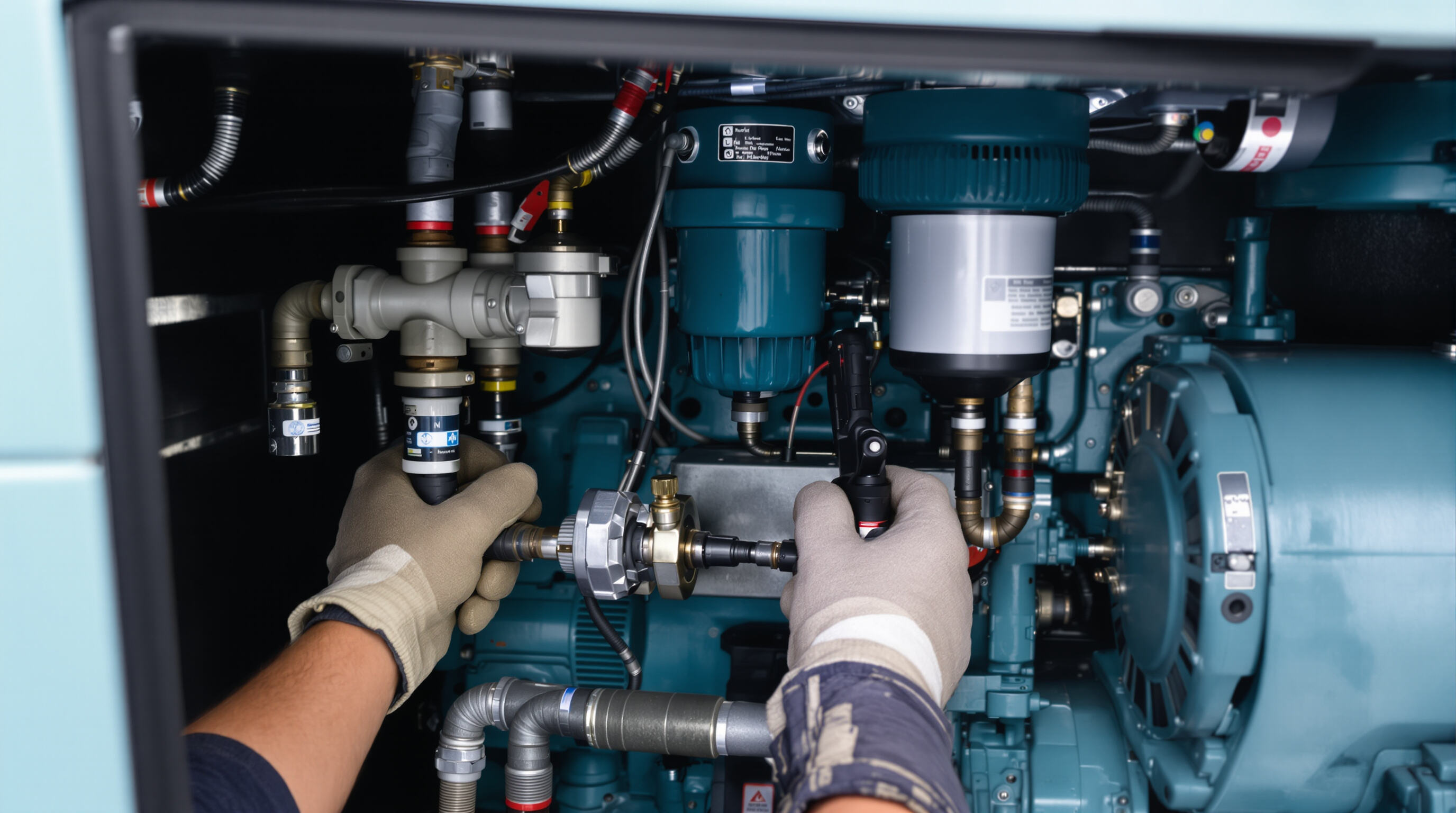 Technician examining fuel lines, oil filter, and air filter in a natural gas generator