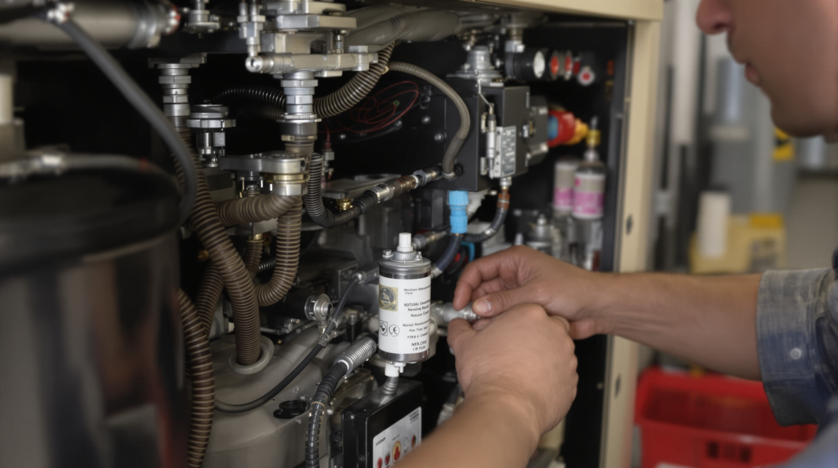 A technician servicing a natural gas generator, focusing on maintenance work in a clean utility space.