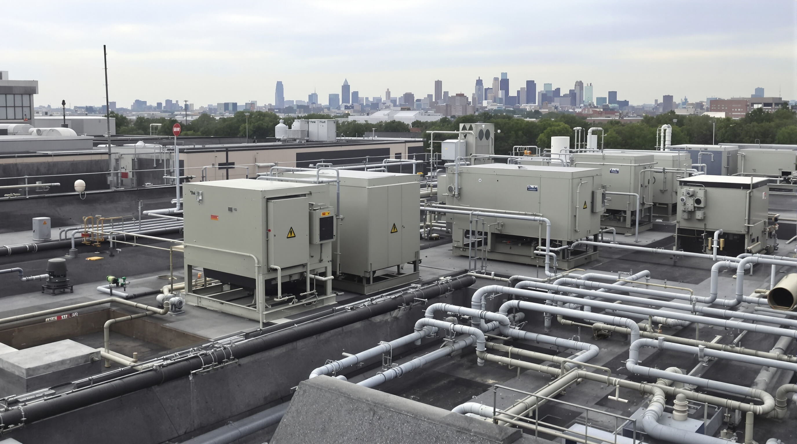 Commercial rooftop natural gas generators connected to pipelines with city skyline