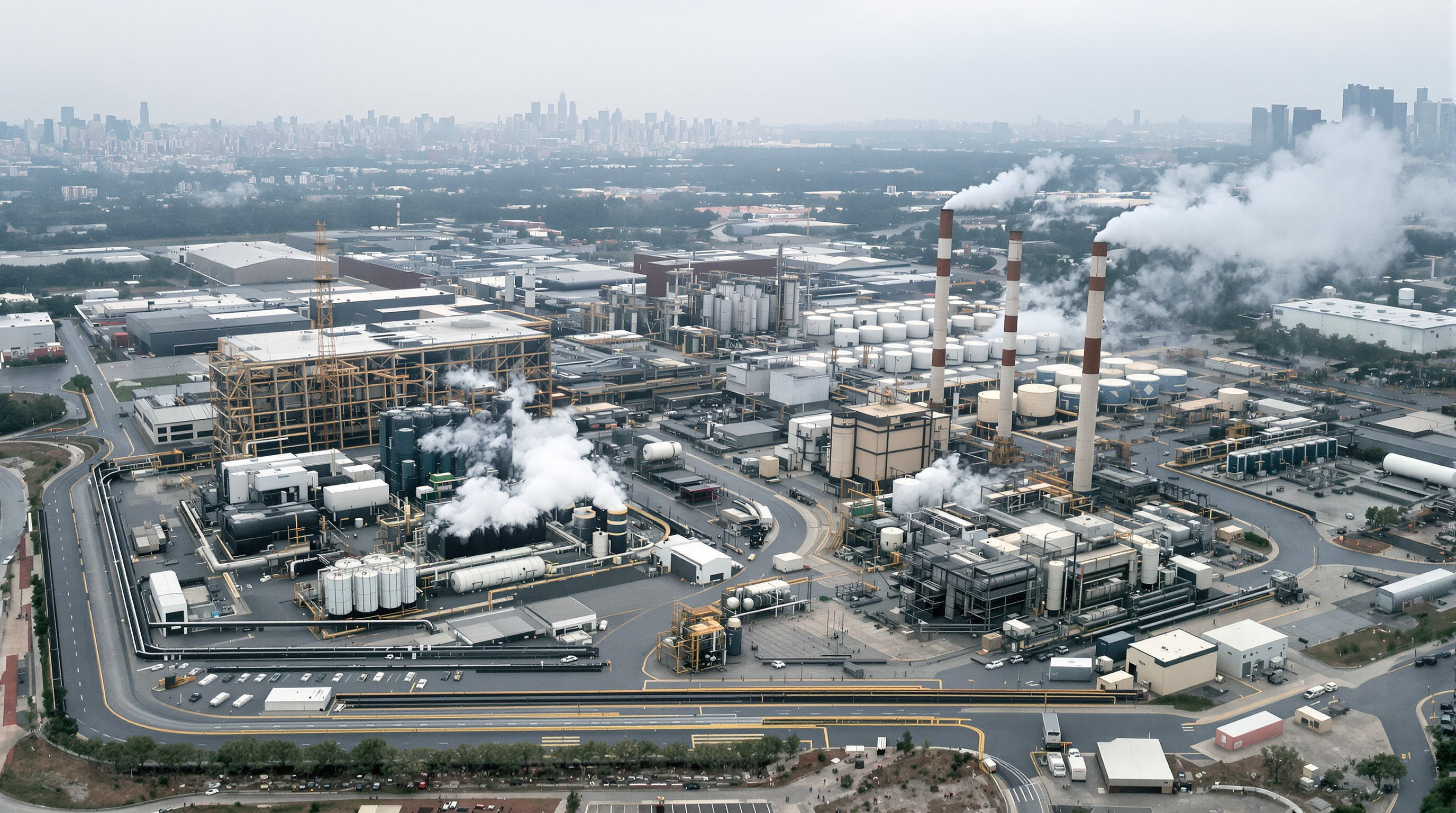 Industrial facility showing diesel generators with exhaust and natural gas generators in a muted urban setting.
