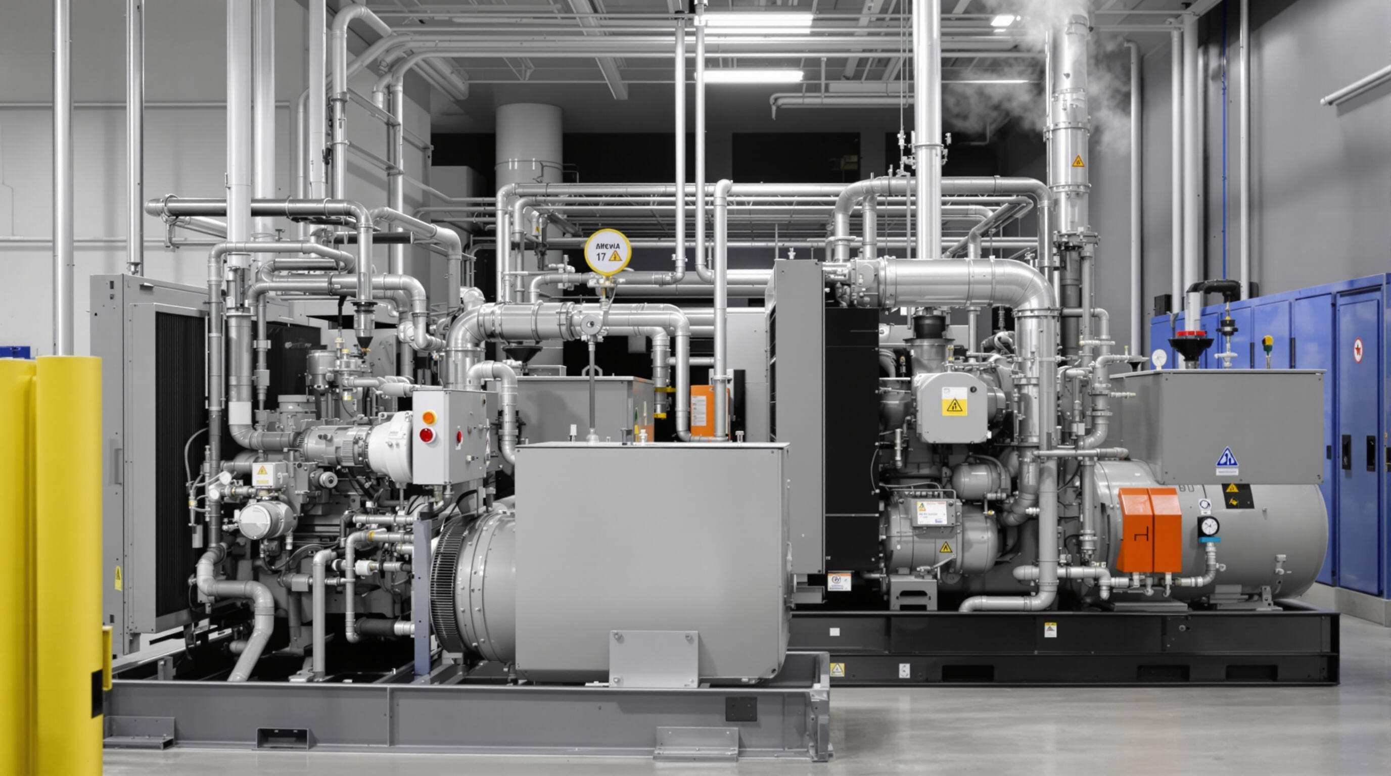 Diesel and natural gas generators placed side by side with corresponding fuel infrastructure inside an equipment room.