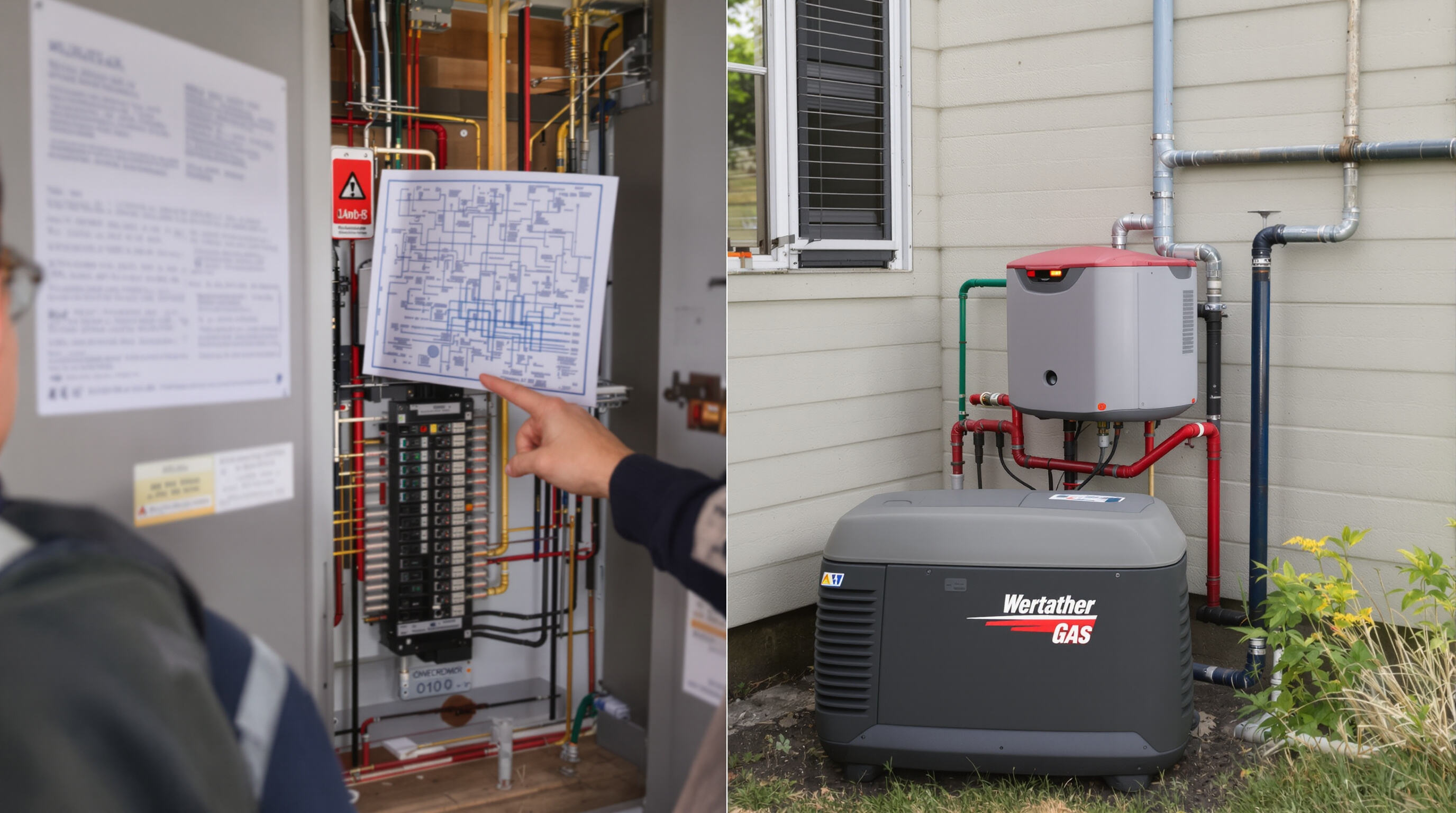 Technician examining electrical panel and home natural gas generator setup