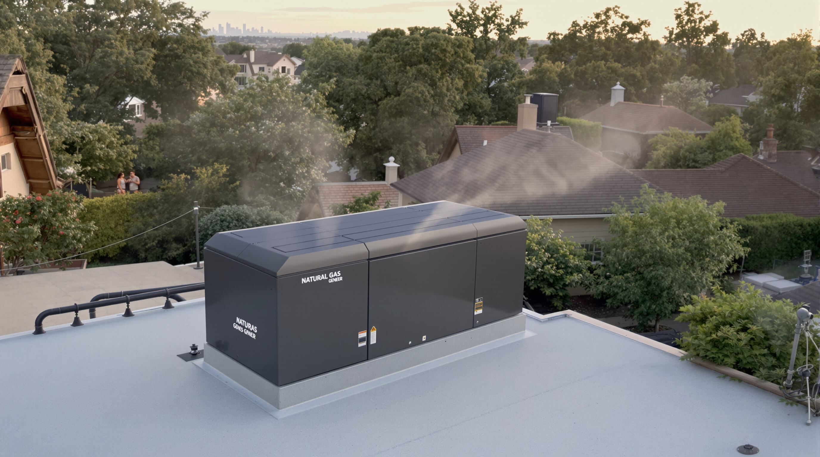 Suburban home with rooftop natural gas generator operating cleanly, clear air and family outside