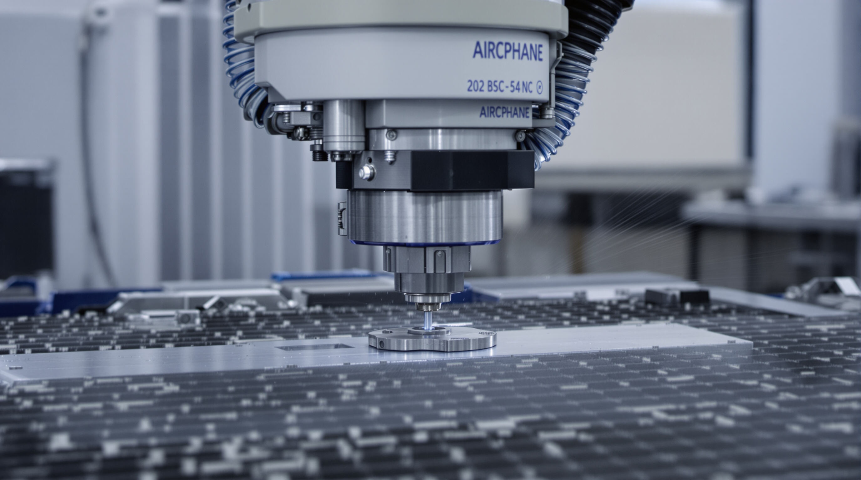 A CNC machine in a high-tech workshop precisely machining a small metal part with advanced sensors and multi-axis arms.