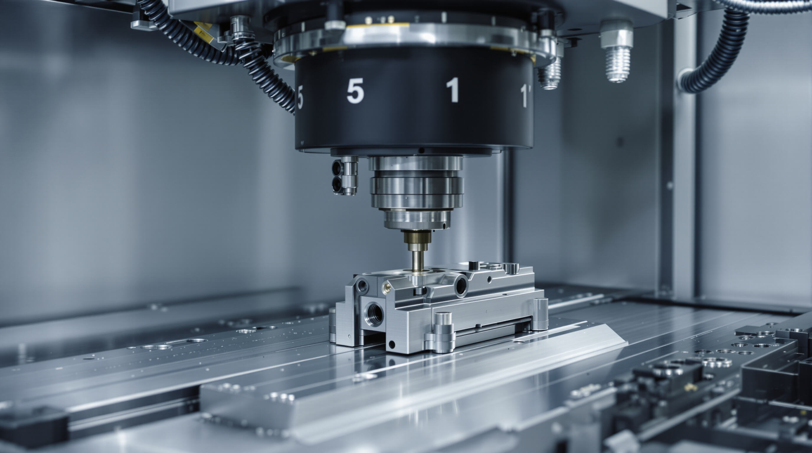 A modern 5 axis CNC milling machine processing a complex metal part with visible rotational axes