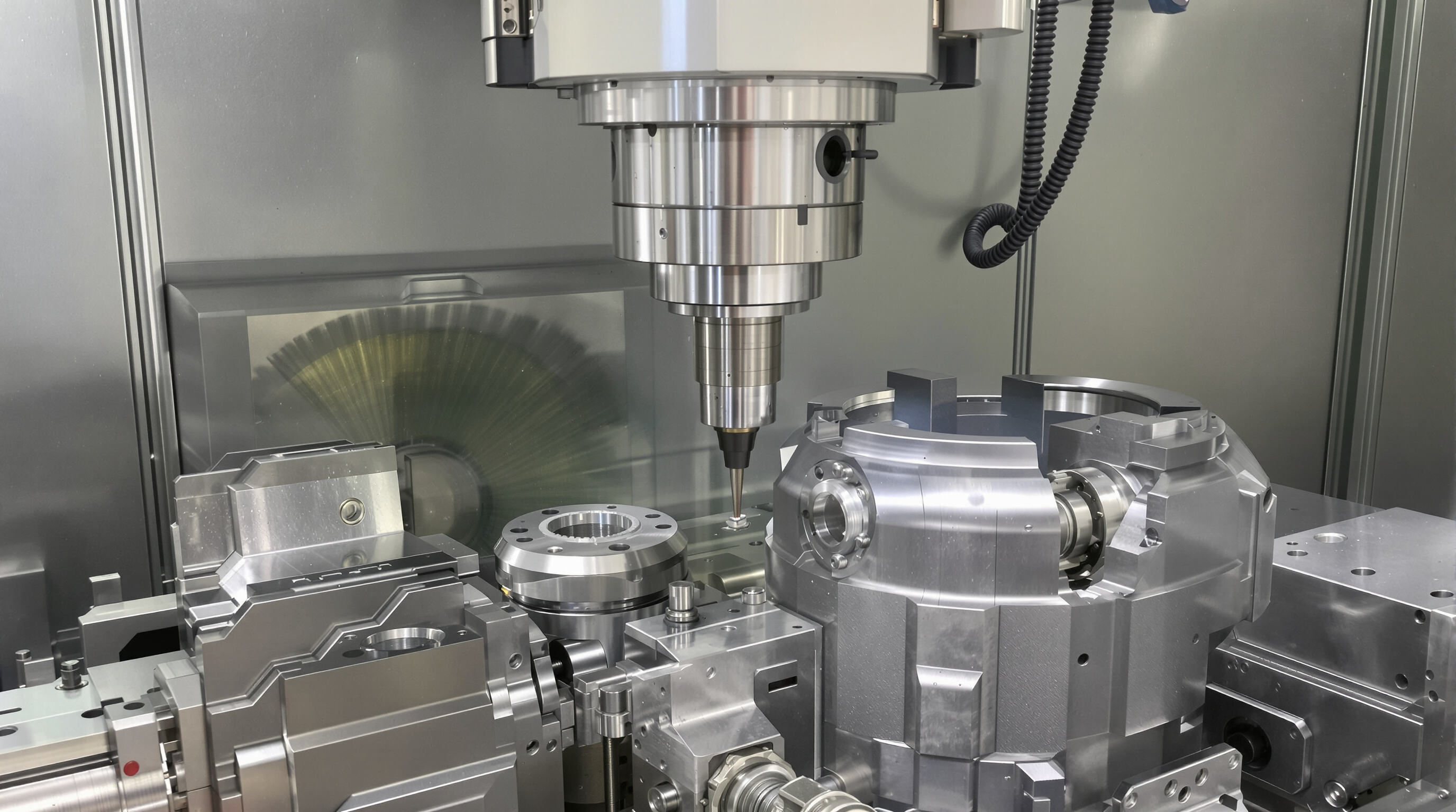 5-axis CNC machine cutting a turbine blade with visible rotational axes