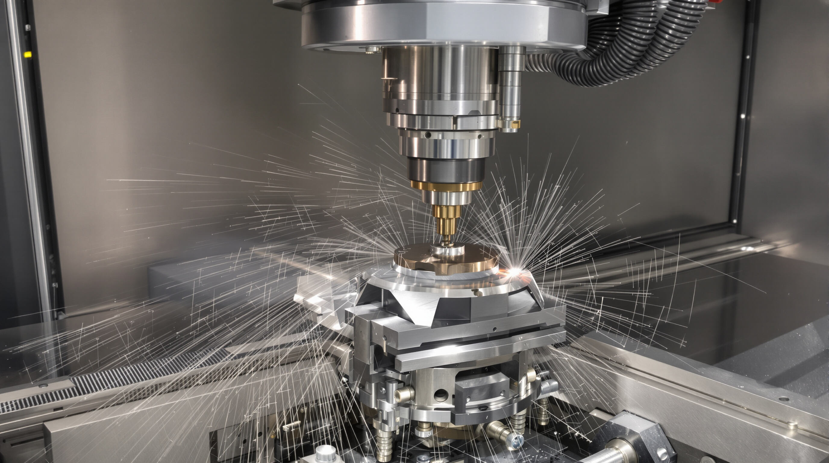 5-axis CNC mill performing simultaneous linear and rotational movements while machining a complex metal part