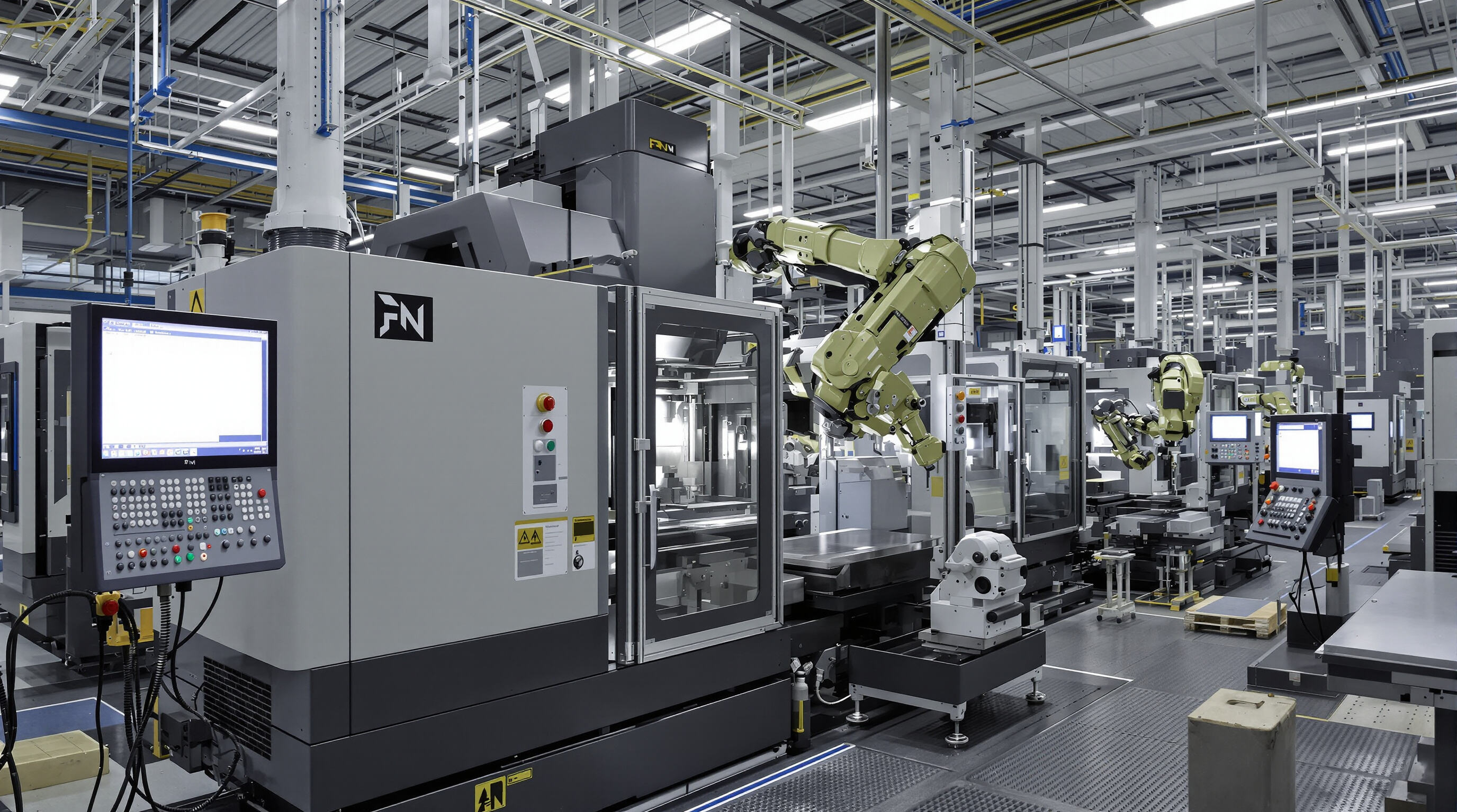 Modern CNC machining facility with advanced automated machines and robotic arms at work