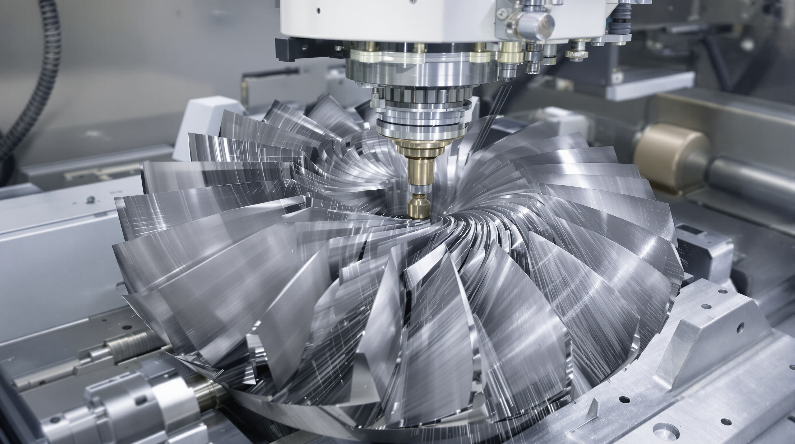 A 5-axis CNC machine precisely milling a complex turbine blade with curved surfaces and intricate features