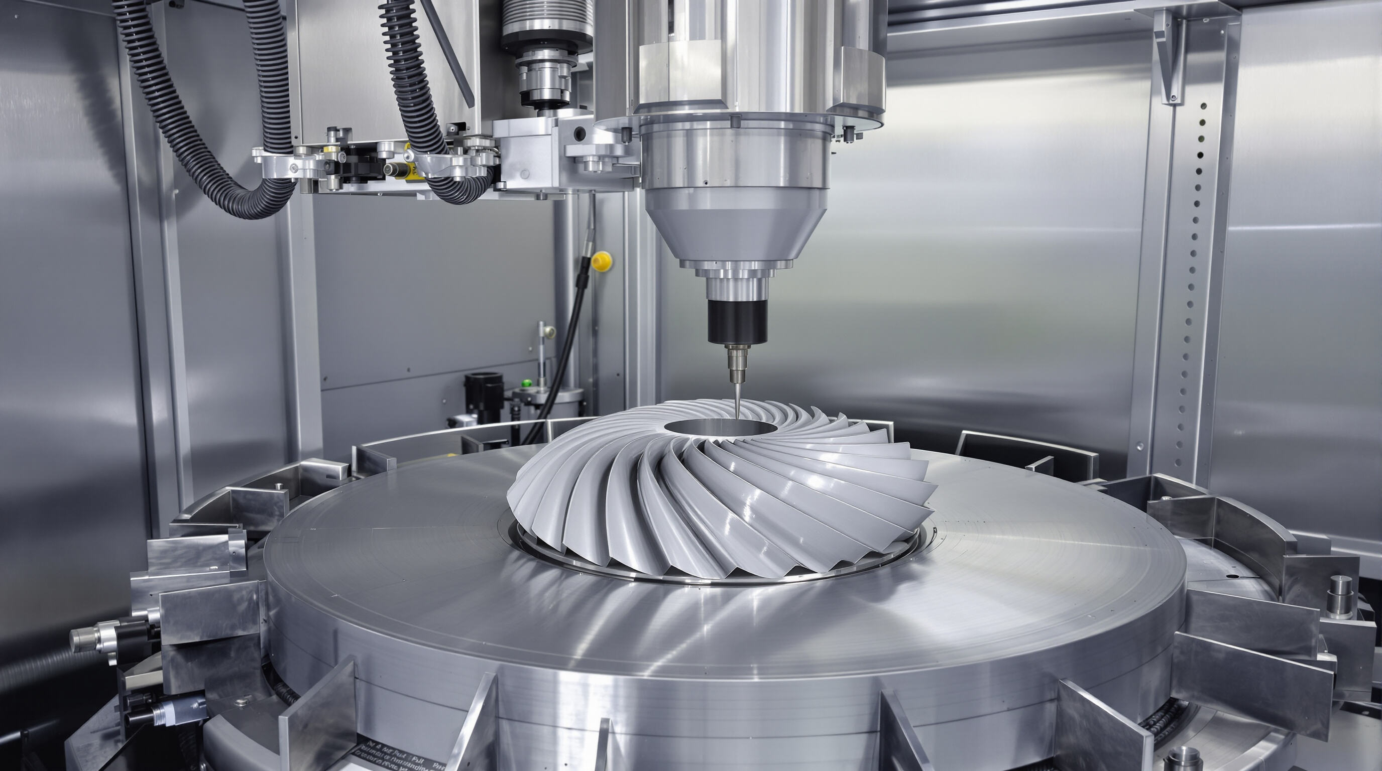 CNC probe system measuring a titanium turbine blade on a rigid machine frame for precision and accuracy