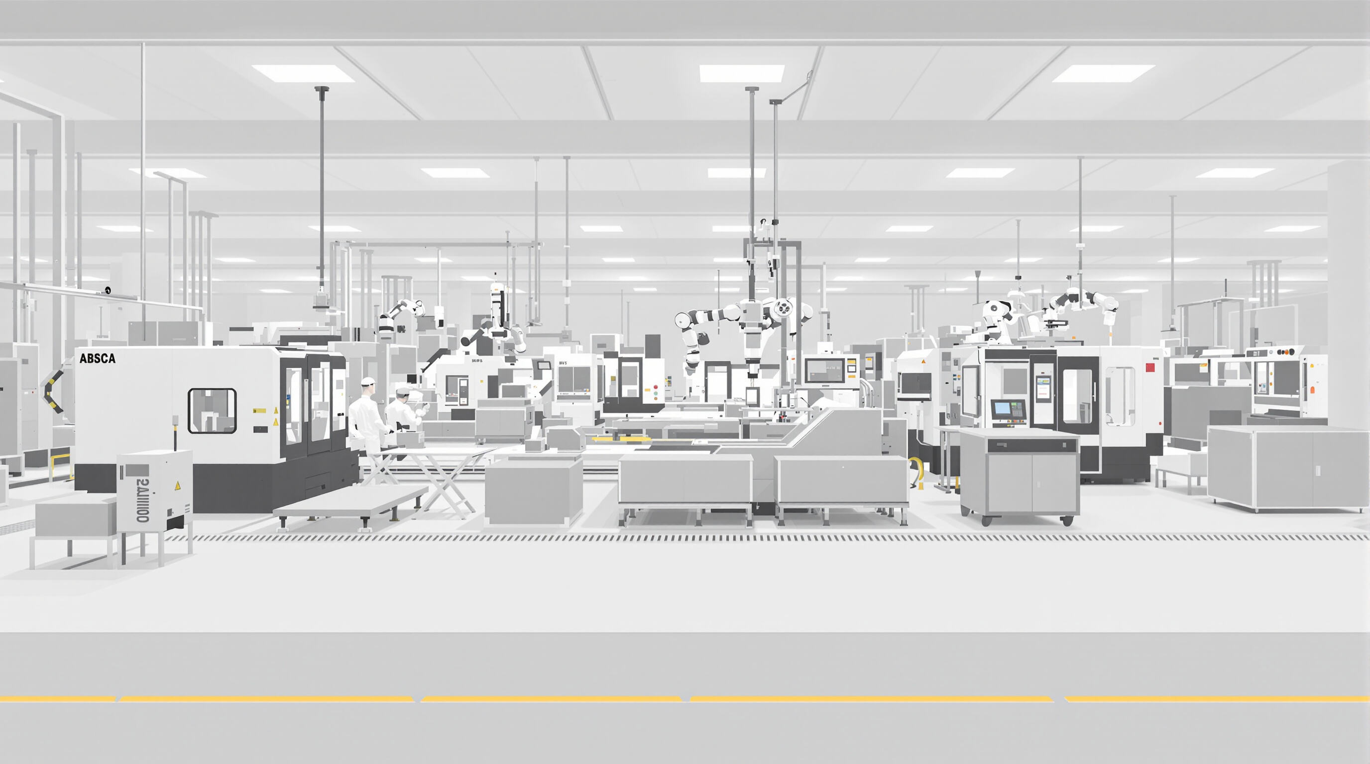 Automated factory floor with several advanced CNC machines and robotic arms handling metal parts.