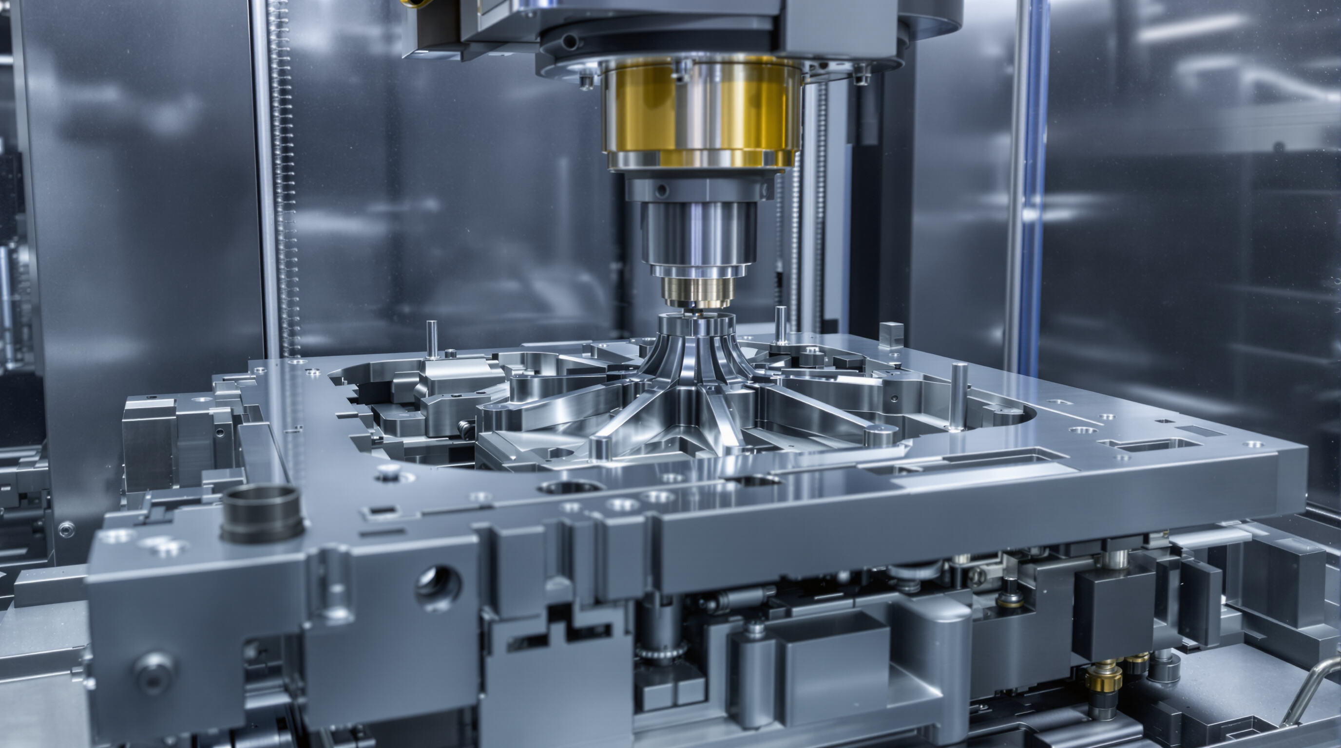 5-axis CNC machine milling a detailed automotive mold in a factory setting