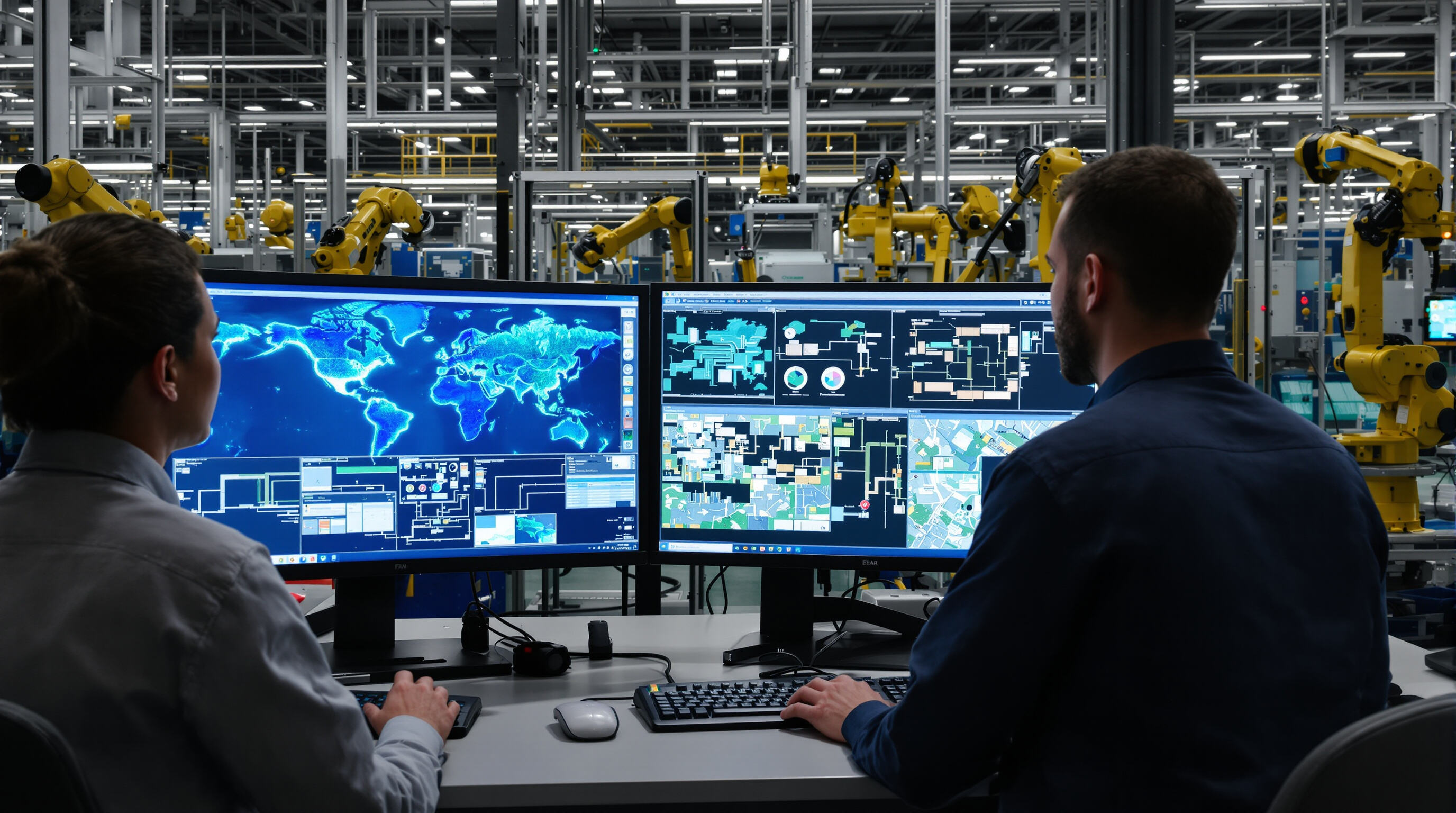Engineers reviewing digital supply chain models in a factory with connected workstations and robotics