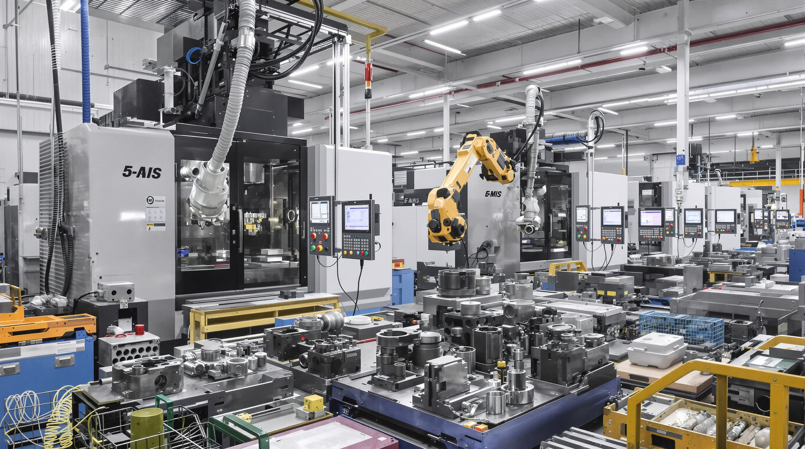 Automated factory floor with multiple 5-axis milling machines operating efficiently