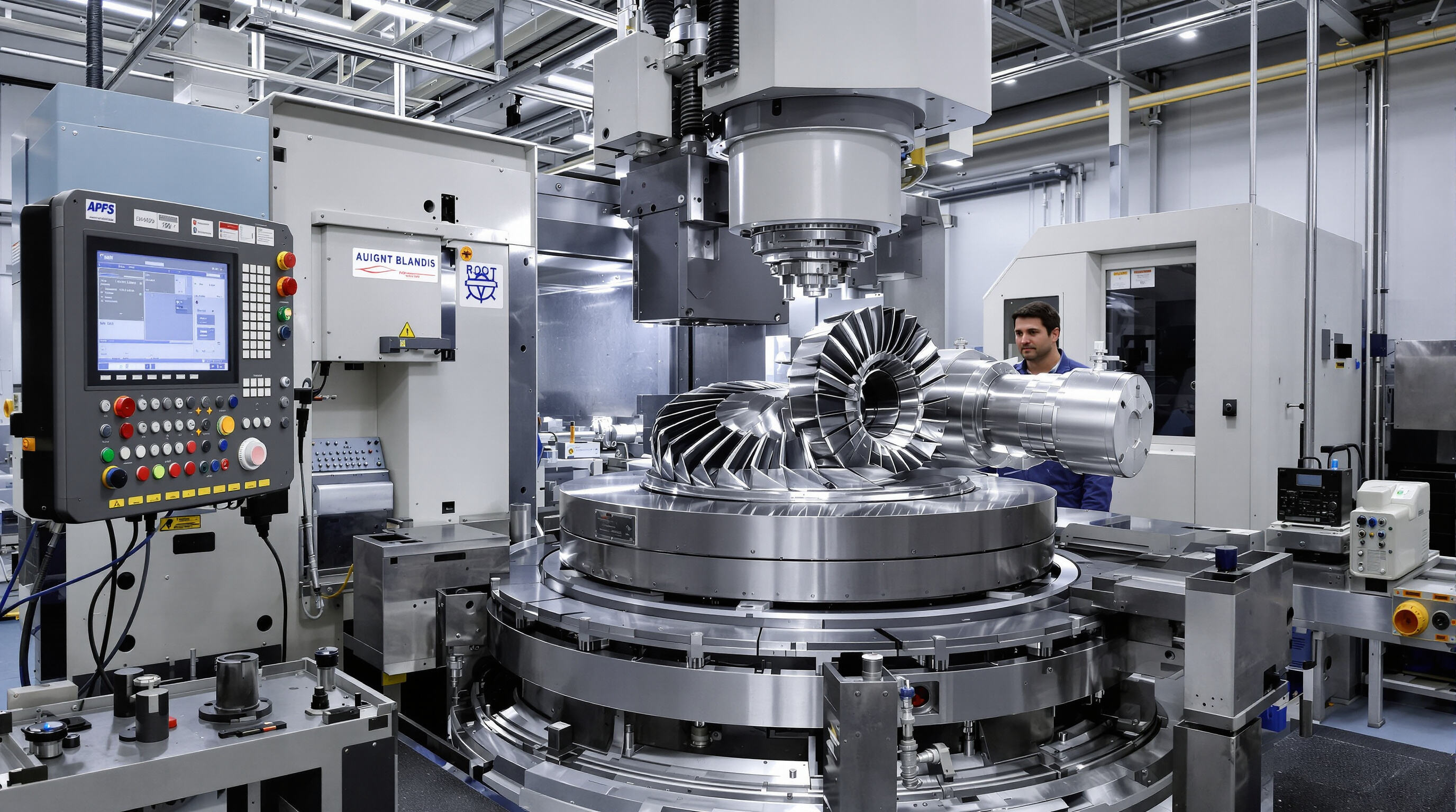 Technician operating a 5-axis CNC machine milling a complex turbine blade in a modern factory