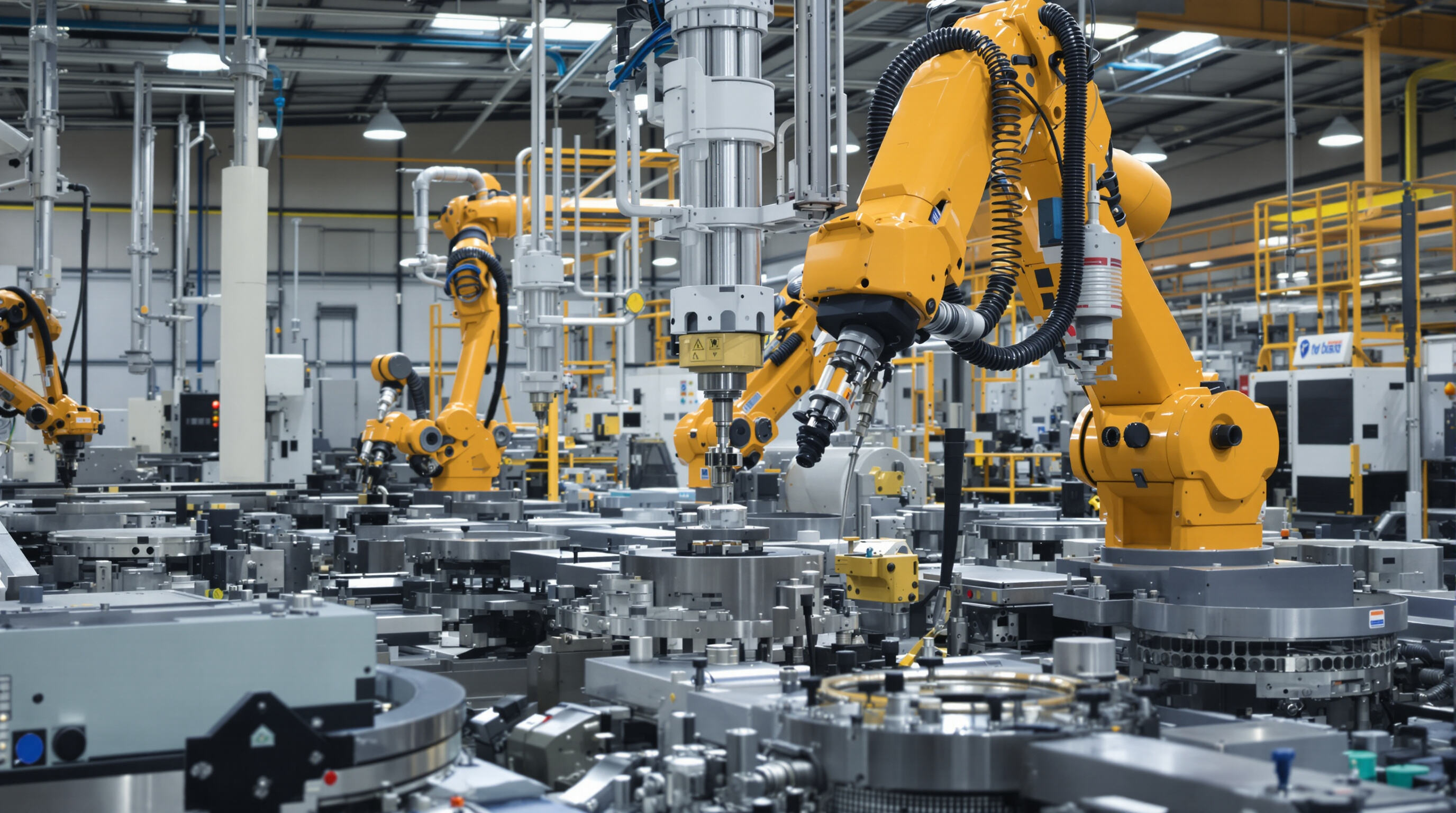 CNC machines operating in a modern factory with robotic arms and precise cutting tools