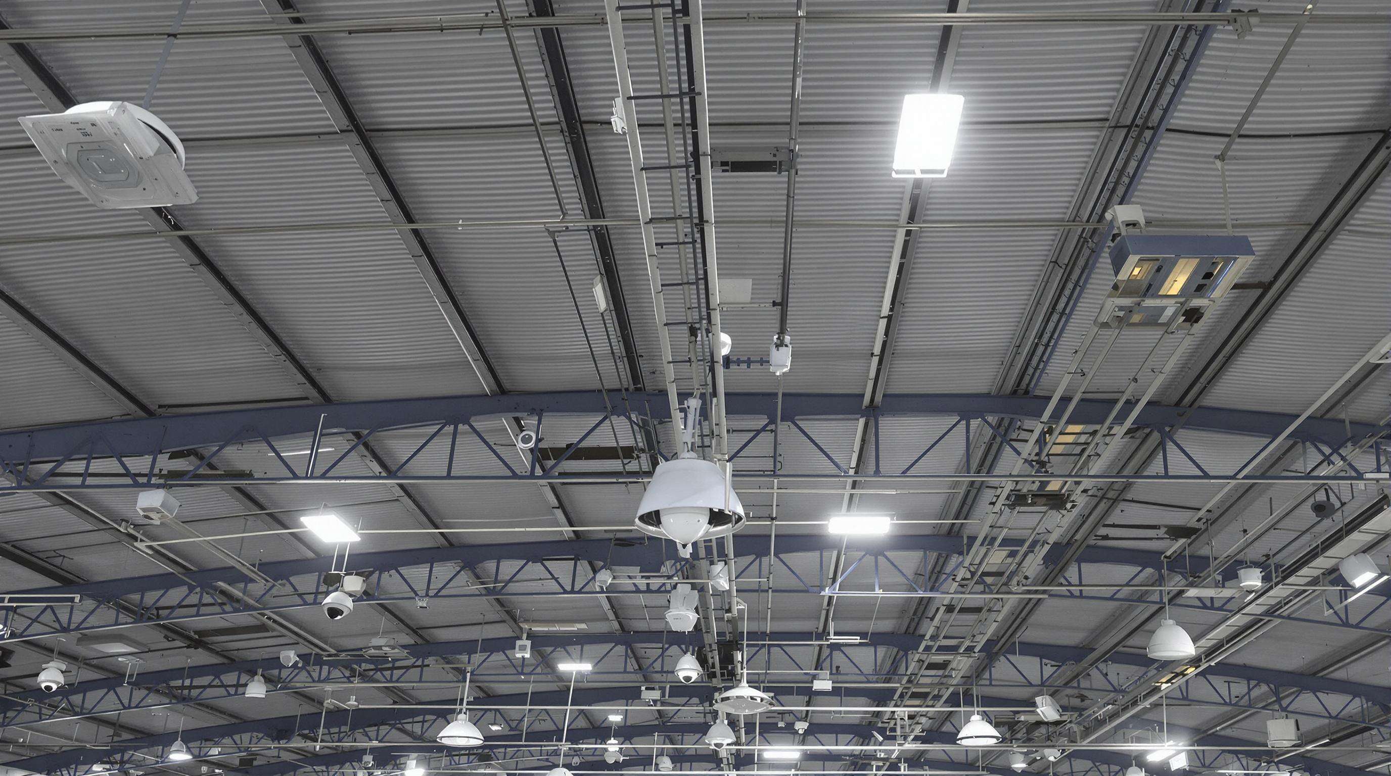 Surveillance cameras and motion sensors monitoring a warehouse interior