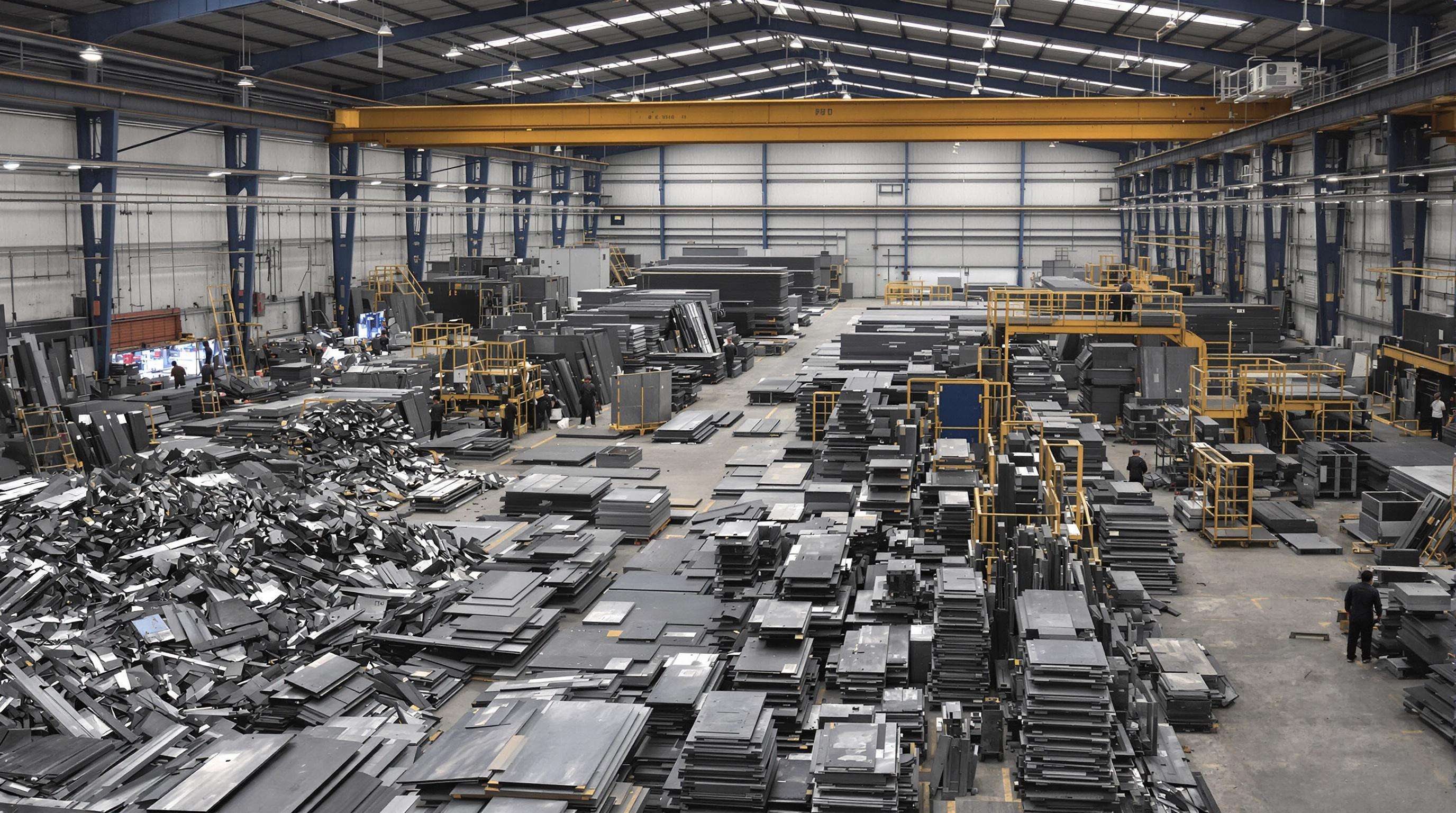 Steel workshop with workers sorting scrap and active fabrication areas, emphasizing waste and workflow