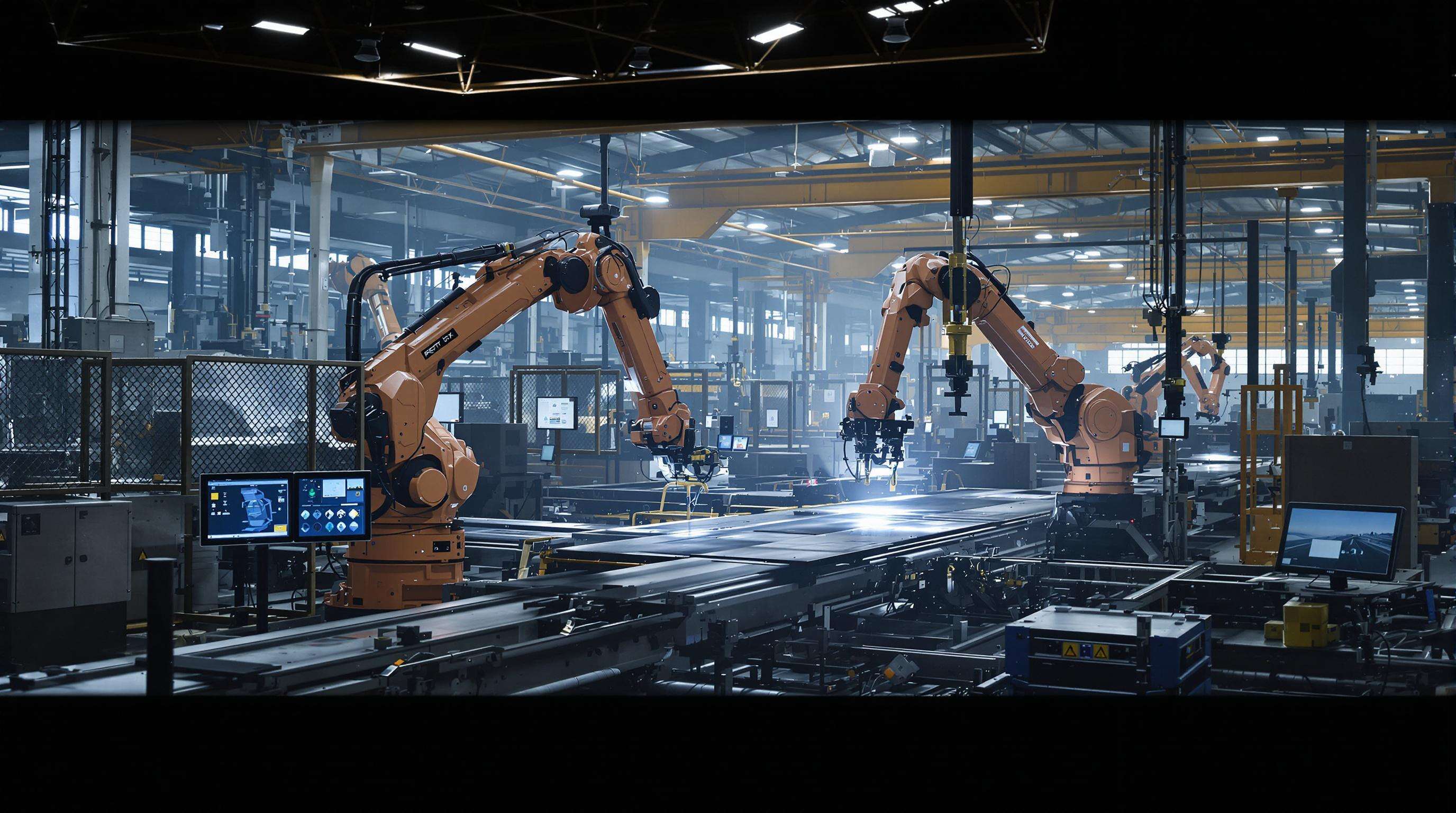High-tech steel workshop with robotics, digital monitors, and automated handling systems in operation