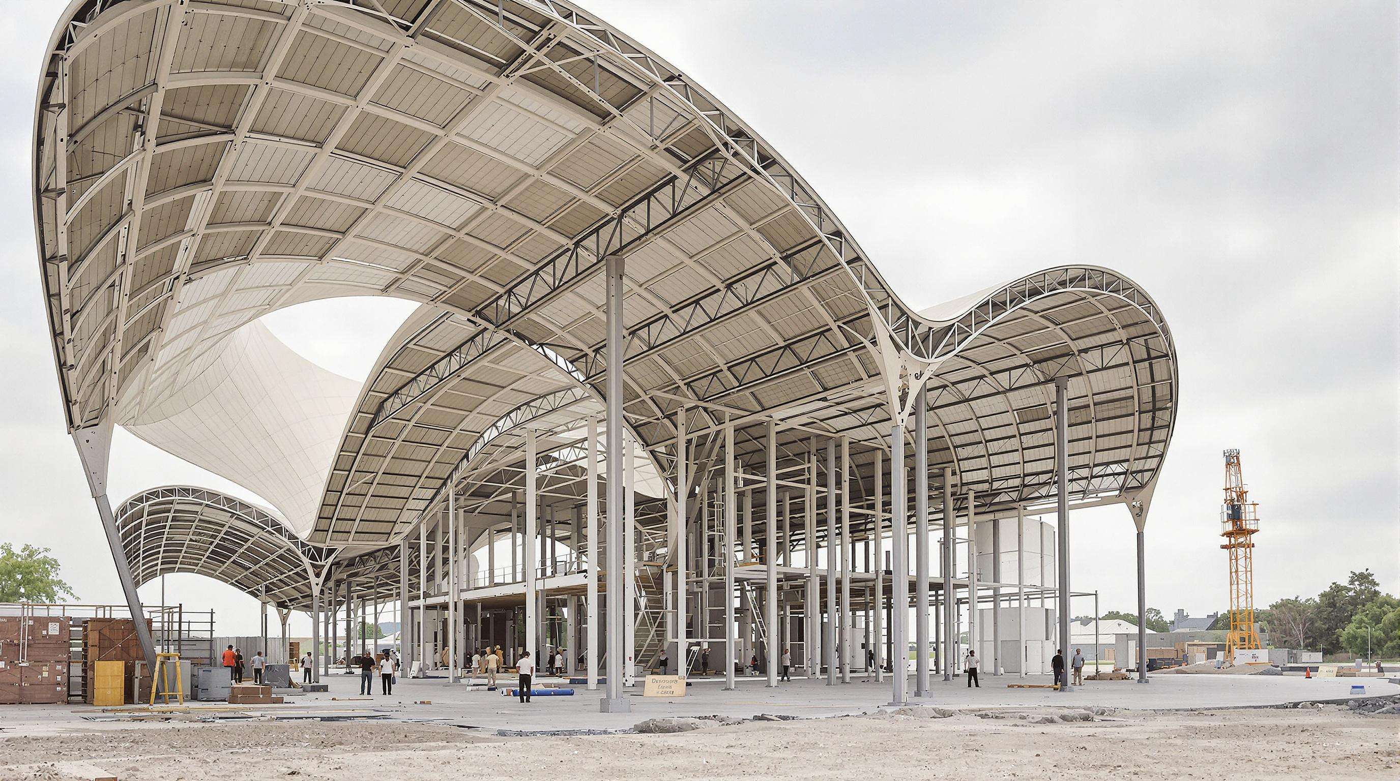 Innovative steel building with curving roof, open space, and visible modular assembly, set in soft muted daylight