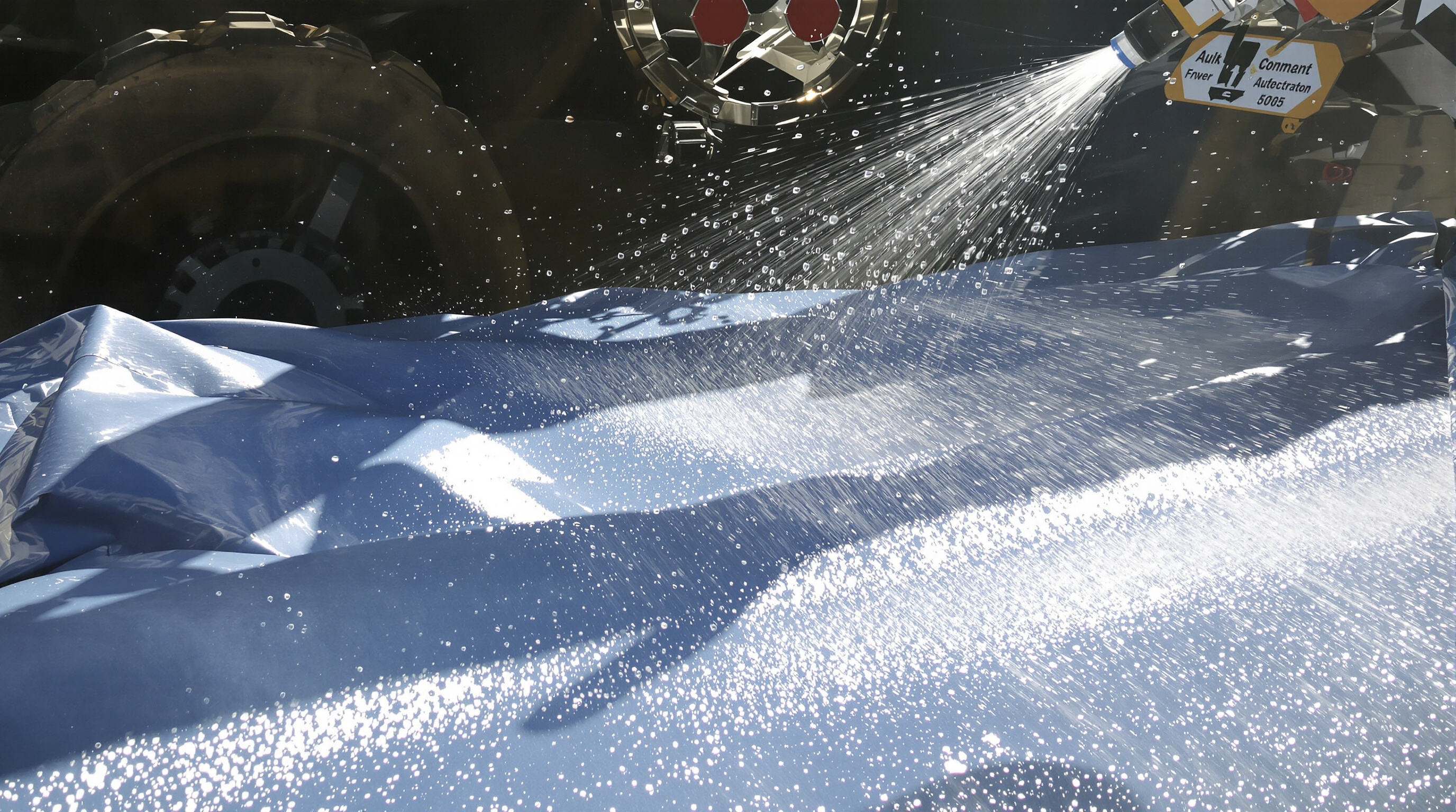 Modern tarpaulin showing water repellency and UV resistance outdoors
