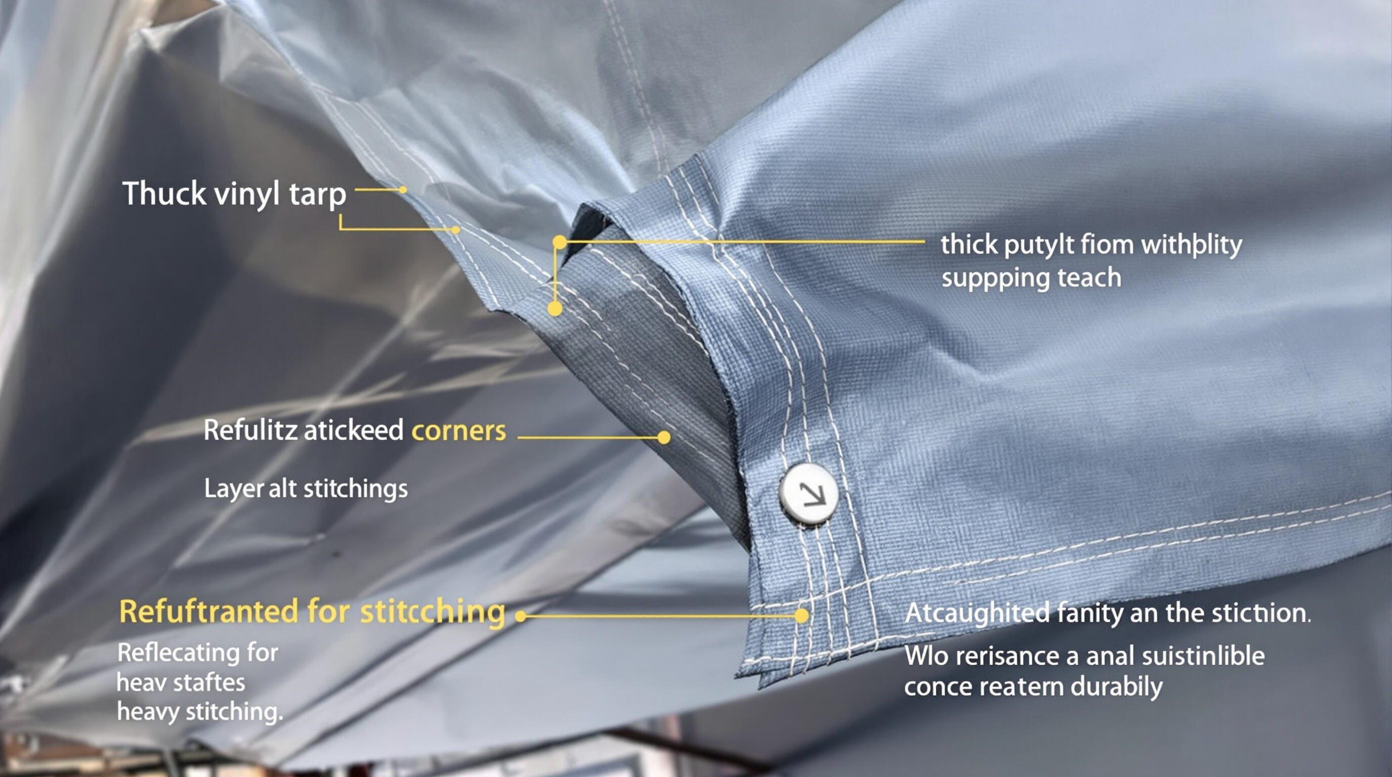 Detailed close-up of a reinforced vinyl tarp stretched over supports outdoors, highlighting durability features.