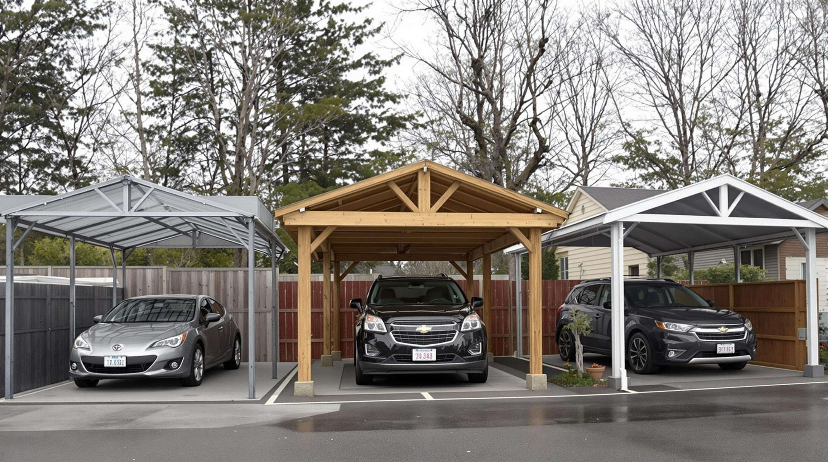 Three carports made of steel, wood, and aluminum side by side, highlighting durability differences