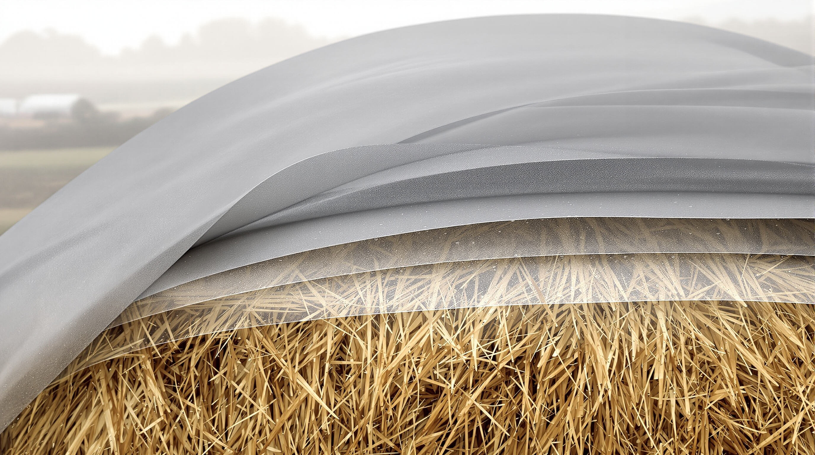 Close-up of advanced hay cover material on bale showing water beading on the surface and vapor escaping