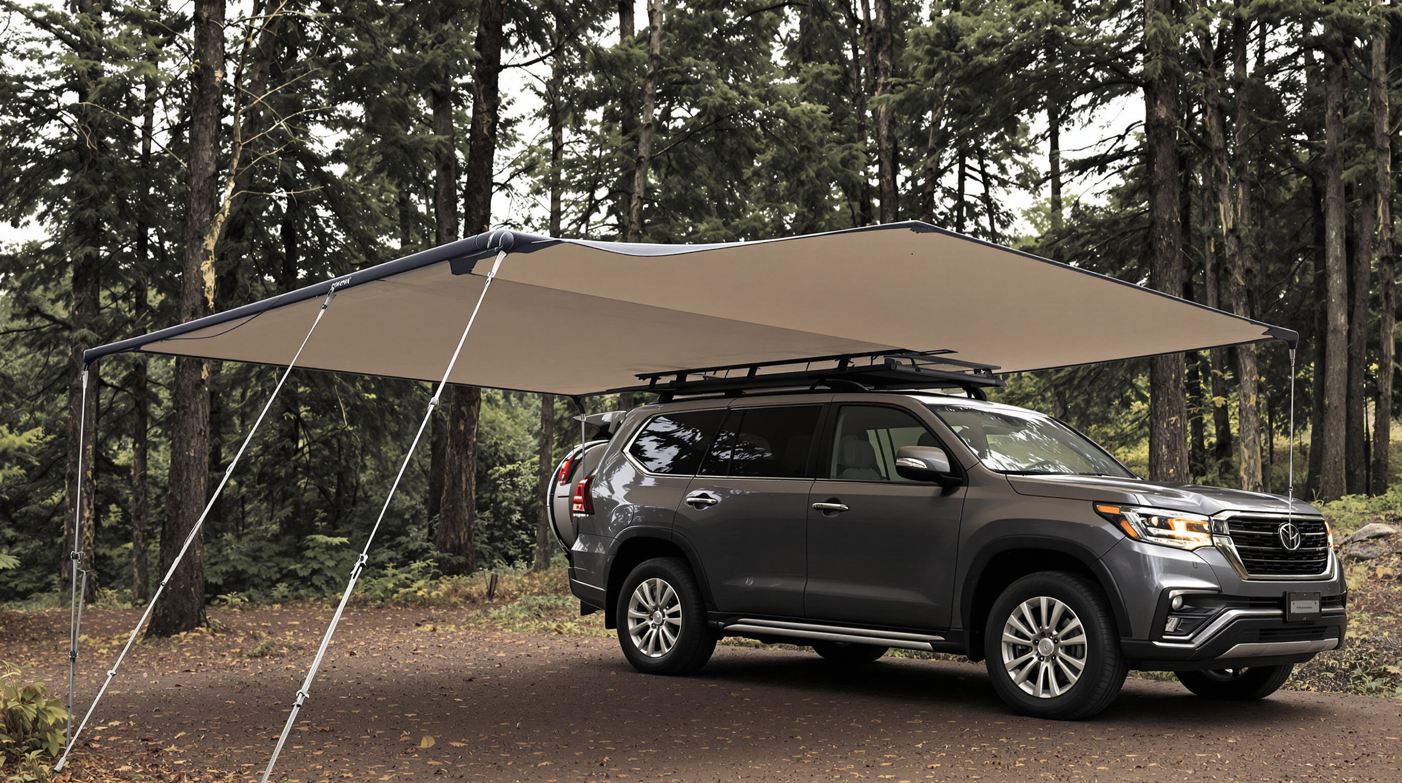 An SUV at a campsite with a retractable awning extended, showing setup details and natural muted colors.