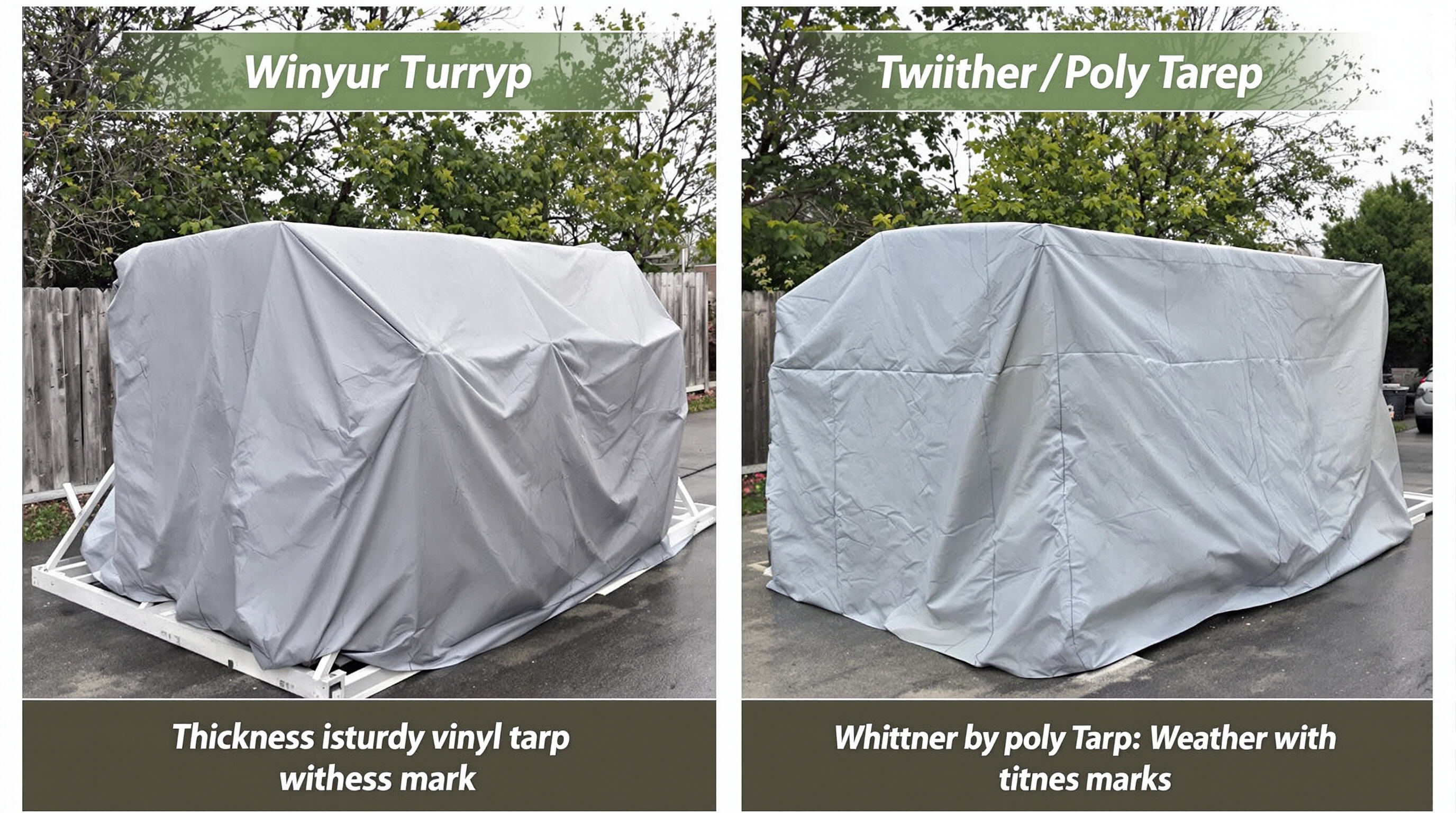 Outdoor comparison of heavy-duty vinyl tarp and lighter poly tarp covering equipment side by side.