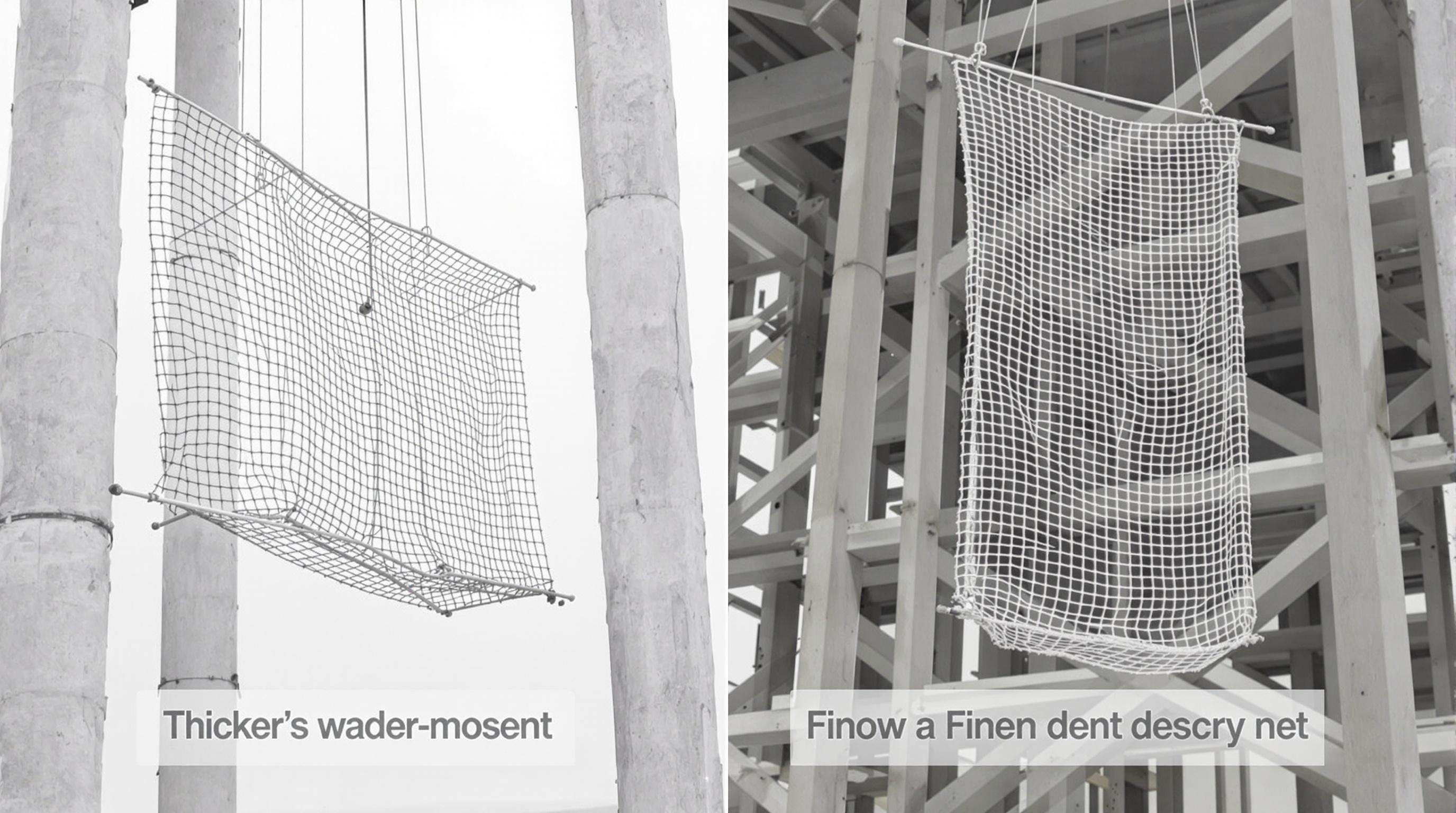 Side-by-side view of personnel safety net with large mesh and debris containment net with smaller mesh in a high-rise construction setting.