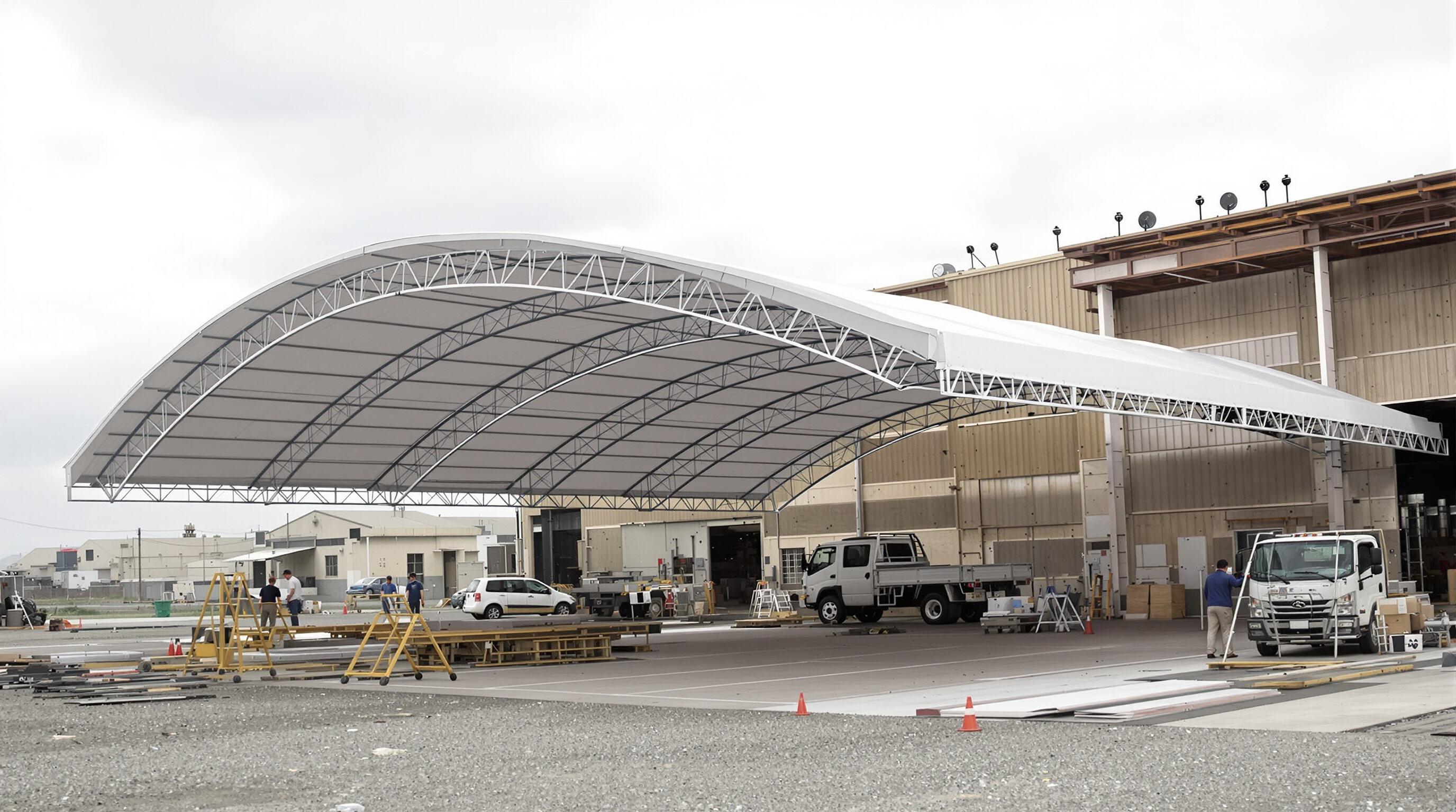 Workers rapidly assembling portable carports at a remote industrial site with modular steel frames