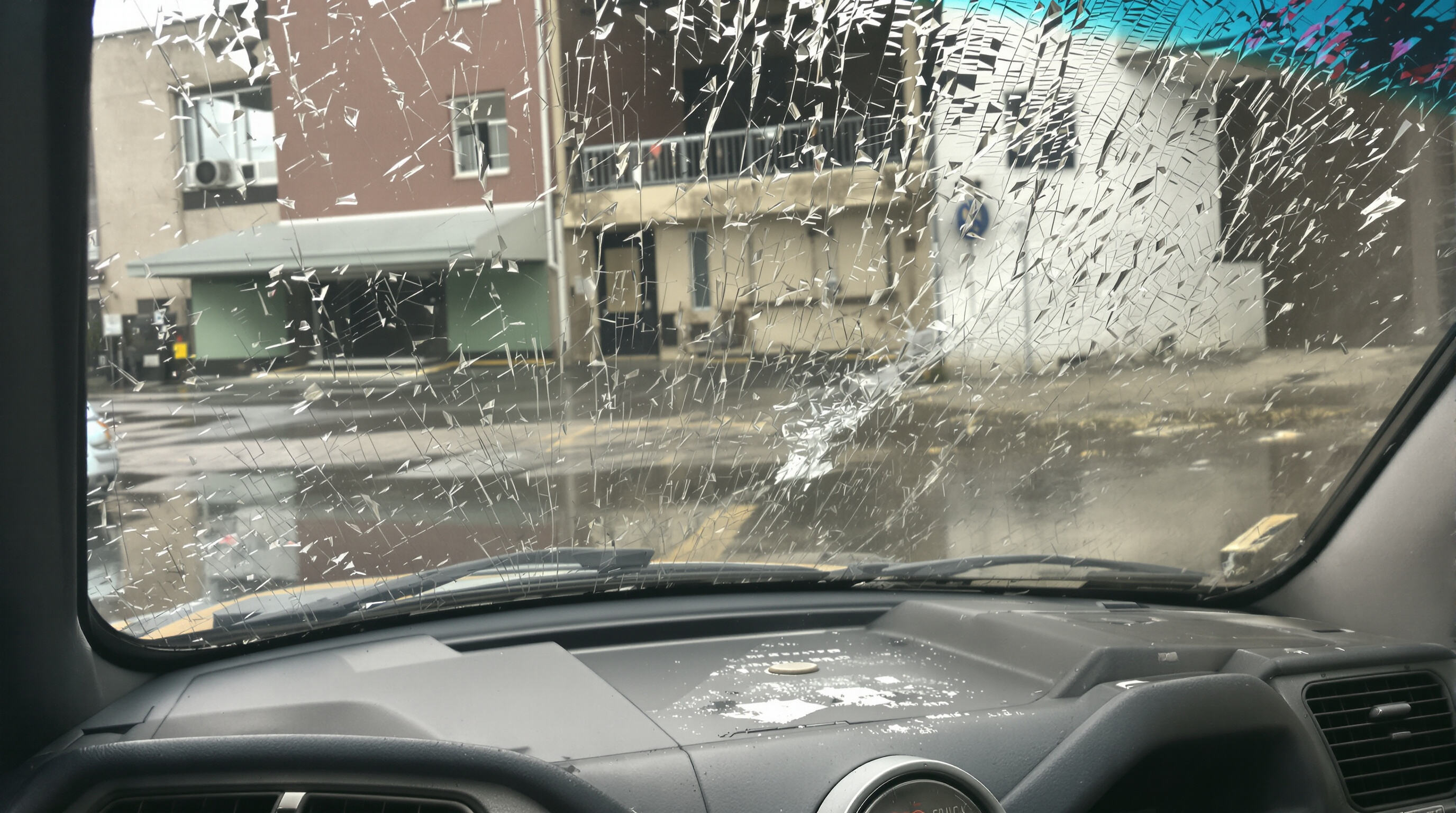 A car parked outdoors showing faded paint and a cracked dashboard, surrounded by puddles under cloudy sunlight
