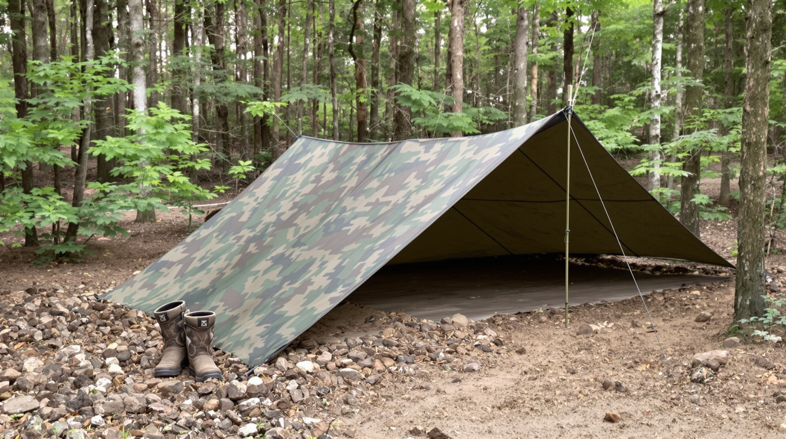 Forest site being prepared for camo tarp setup, showing cleared, level ground and packed soil