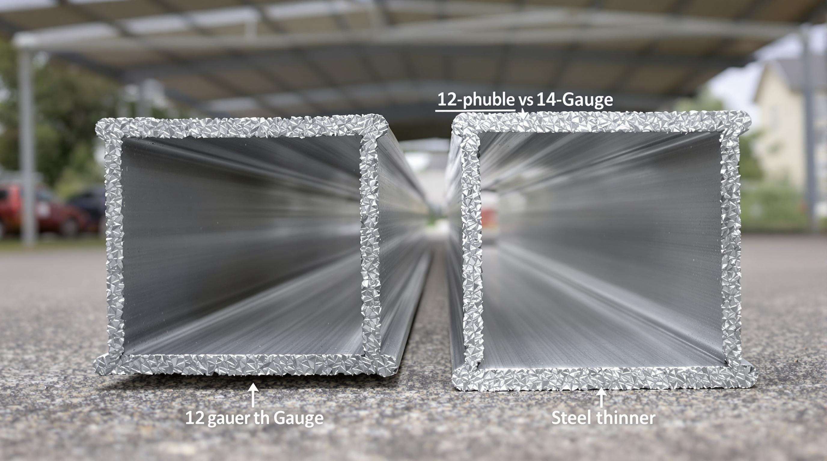 Two steel beams of different thicknesses illustrating 12-gauge and 14-gauge differences for carports