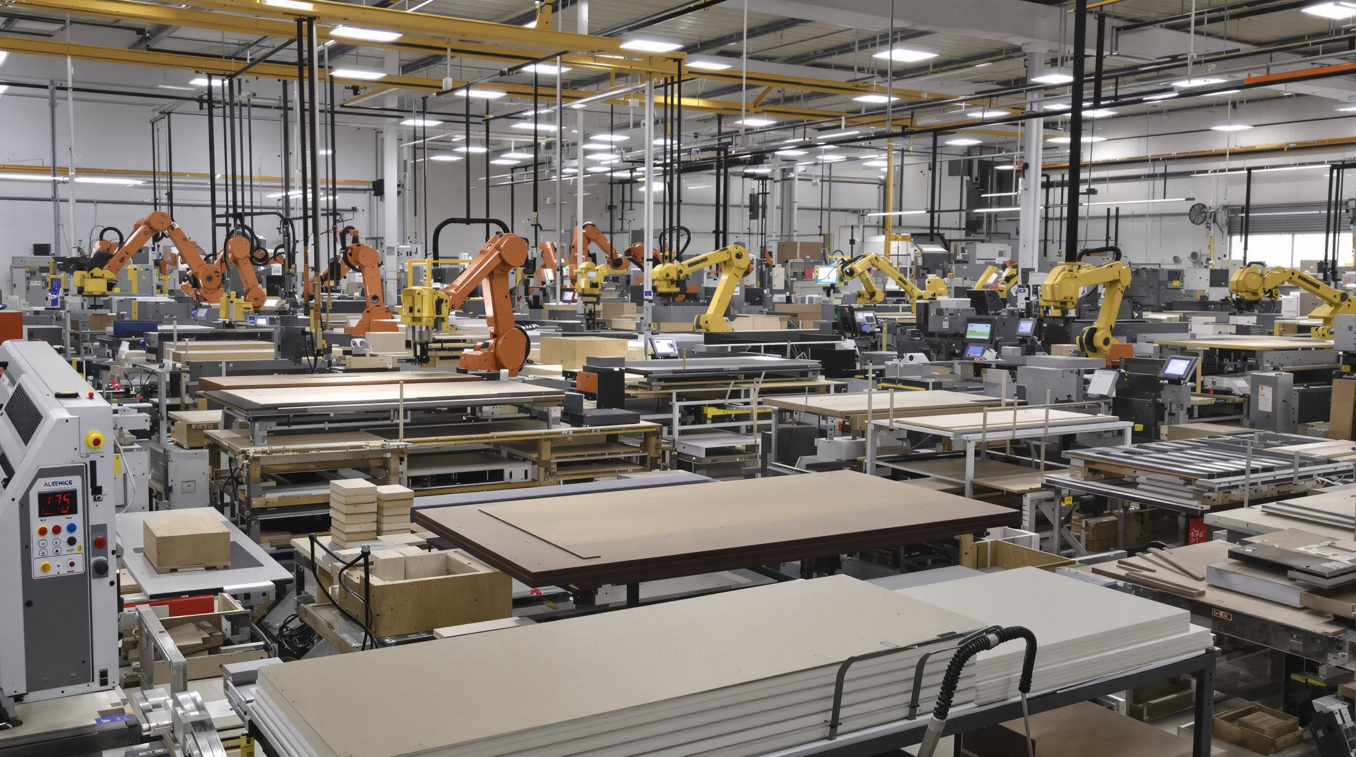 Automated factory floor showing laser cutters processing metal, acrylic, wood, and leather with robotic arms managing materials