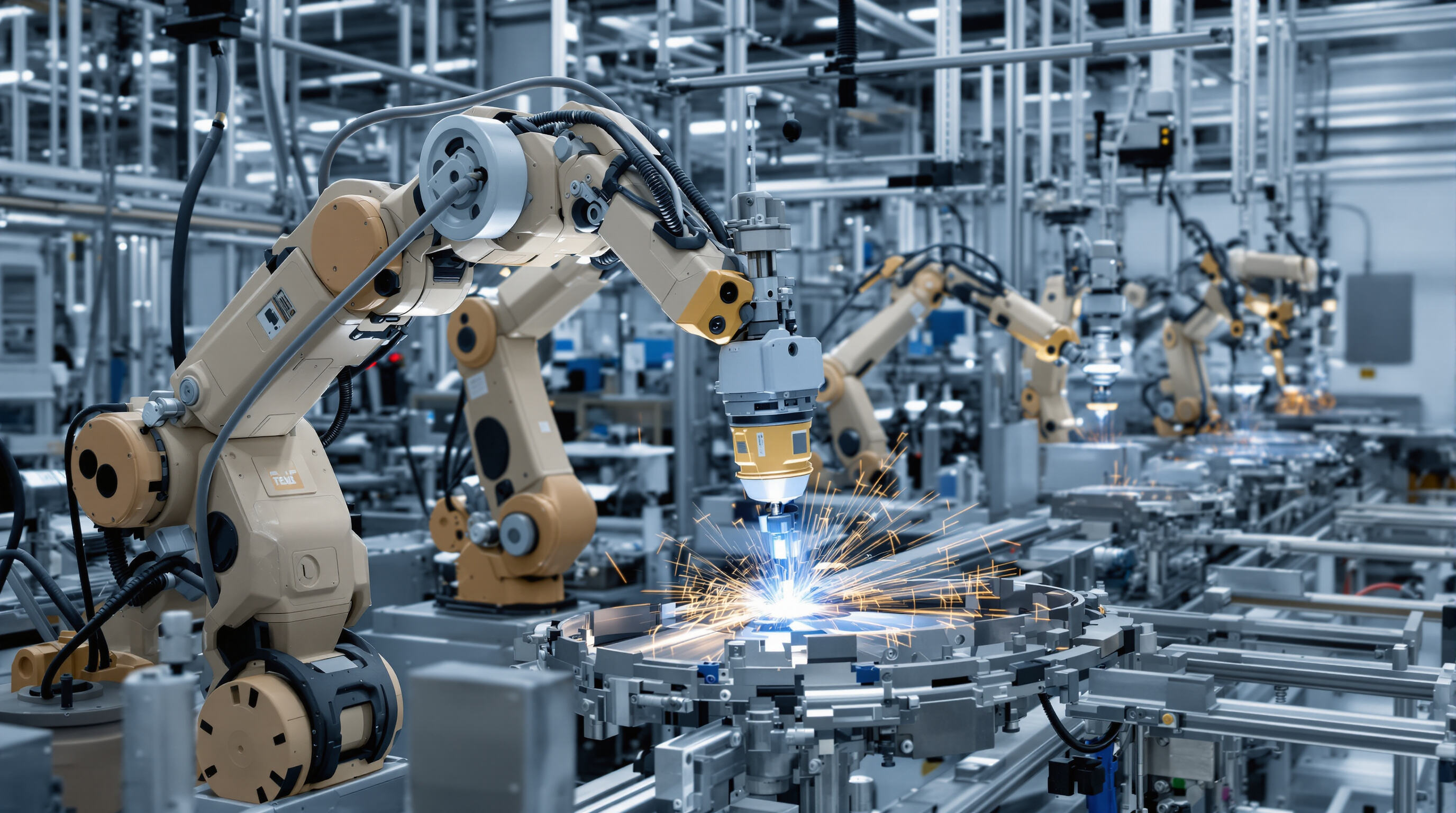 Robotic laser welding arms assembling metal parts on a smart automated factory floor