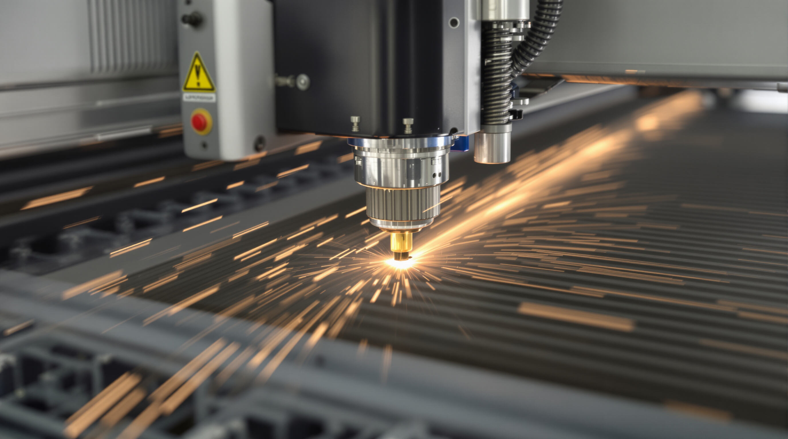Close-up of an automated laser cutting machine with sensors and motion controls, conveyor moving materials at high speed