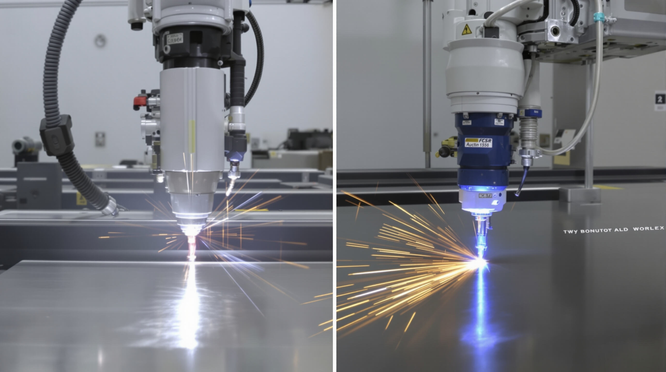 Laser welding machine and arc welding setup shown side by side in a workshop, highlighting differences in precision and machinery