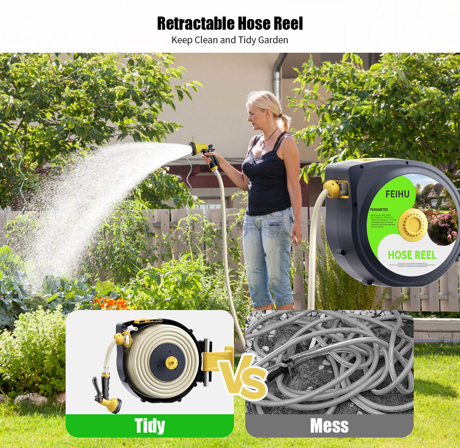 FEIHU Wholesale Portable 100FT Water Hose Reel With Reel Set Car Washing Garden Pipe Wall Water Hose Reel factory