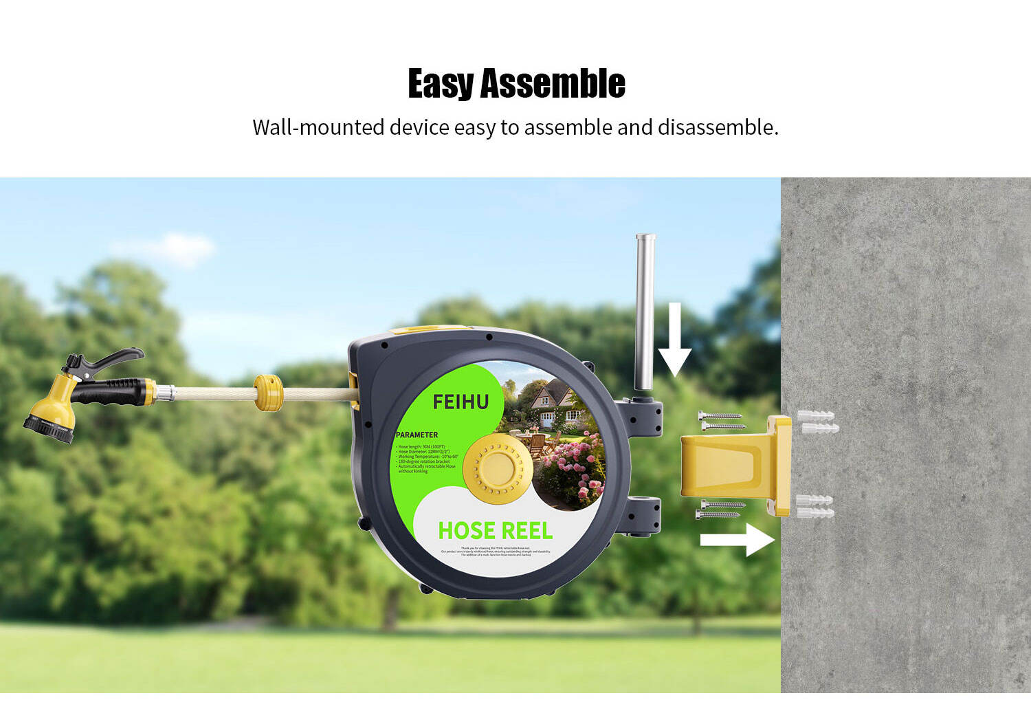 FEIHU Wholesale Portable 100FT Water Hose Reel With Reel Set Car Washing Garden Pipe Wall Water Hose Reel factory