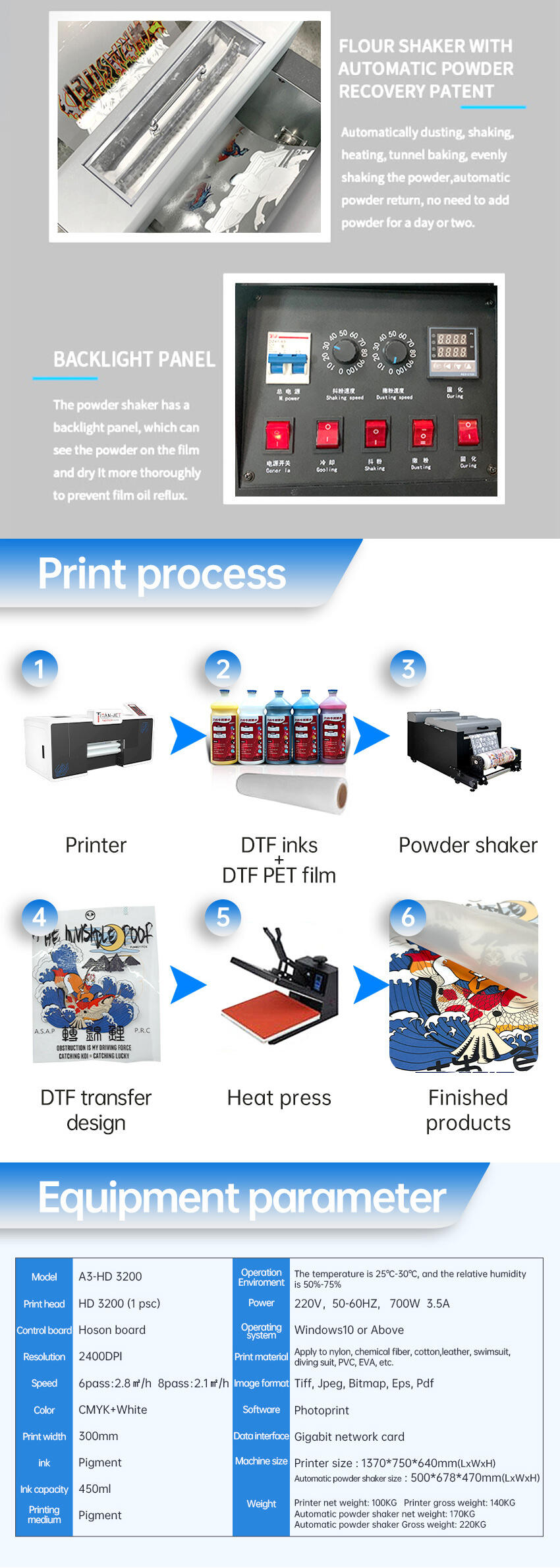 DTF A3 30cm Print Width Roll to Roll DTF Printer Two Xp600 High Speed Printing With Powder Shaking Oven Machine factory