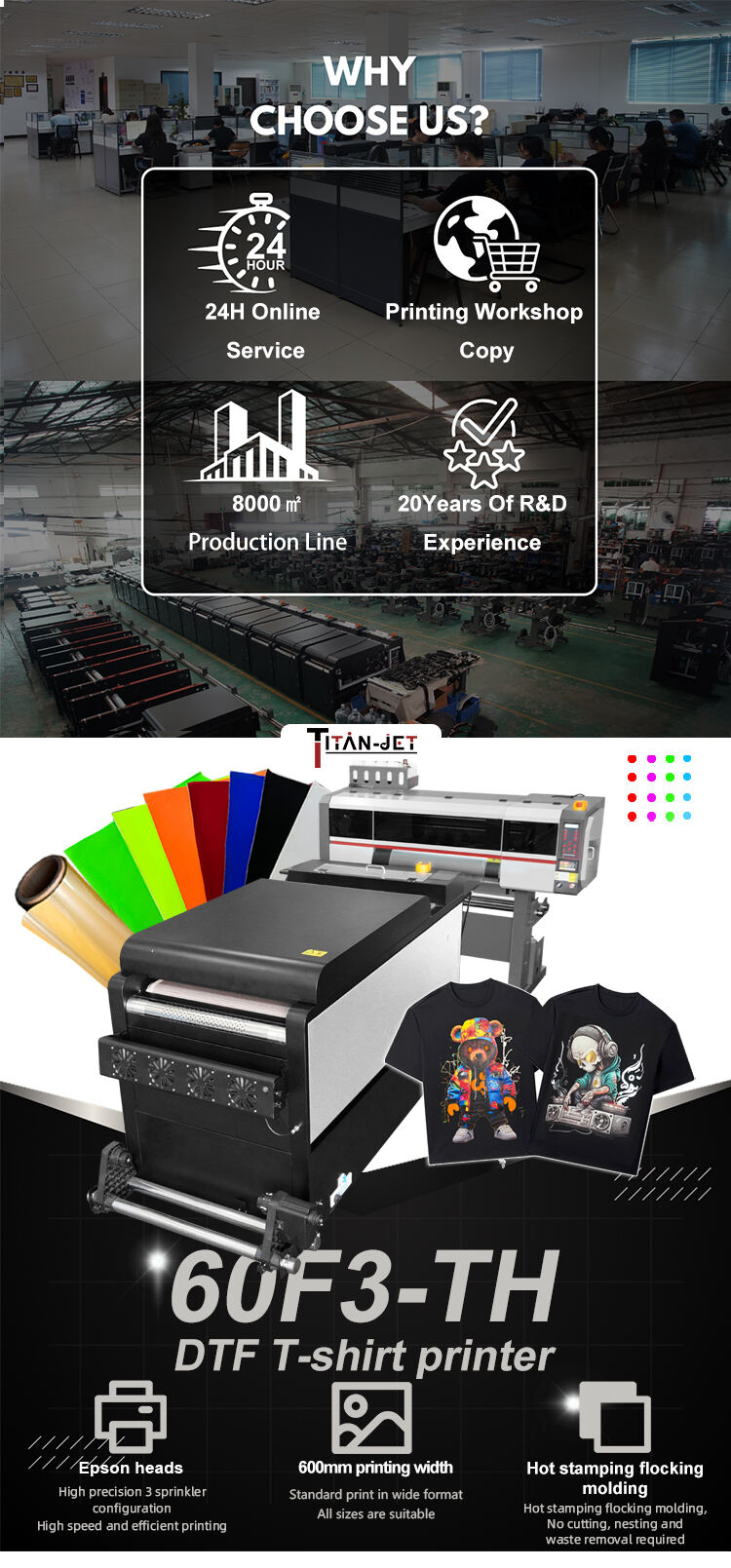60m Long Lifetime Warranty Digital Fabric Printing Machine Stamping Flocking Dtg DTF UV Printer for T-Shirts factory