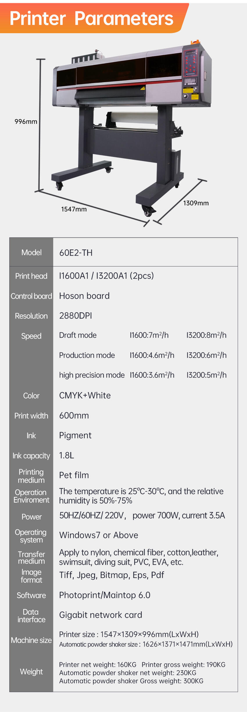 TitanJet Wide Application 2pcs I3200 Heads 60CM DTF Printer T Shirt Machine Printing Pet Film With Auto Powder Shaking factory