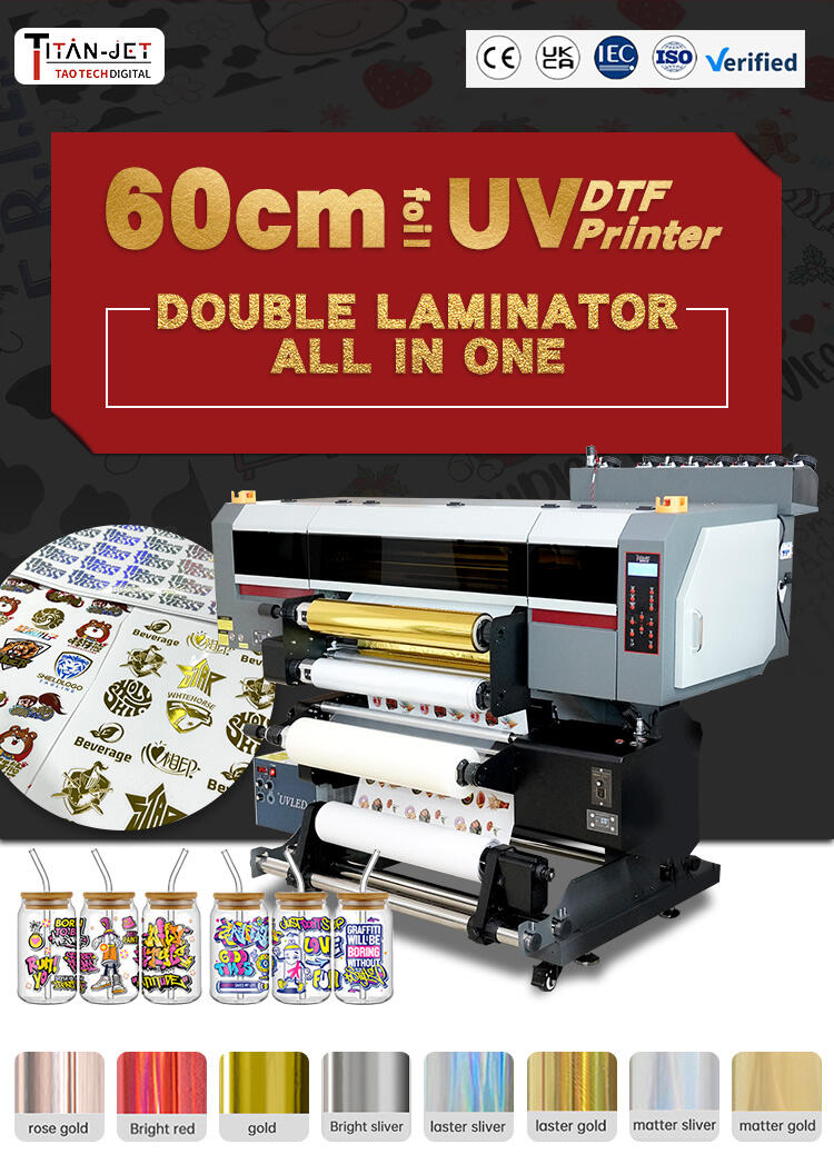 Titanjet New UV DTF With Double Laminating Machine Roll to Roll Golden Silver Cold Stamp Sign Sticker Glossy UV Inkjet Printer details