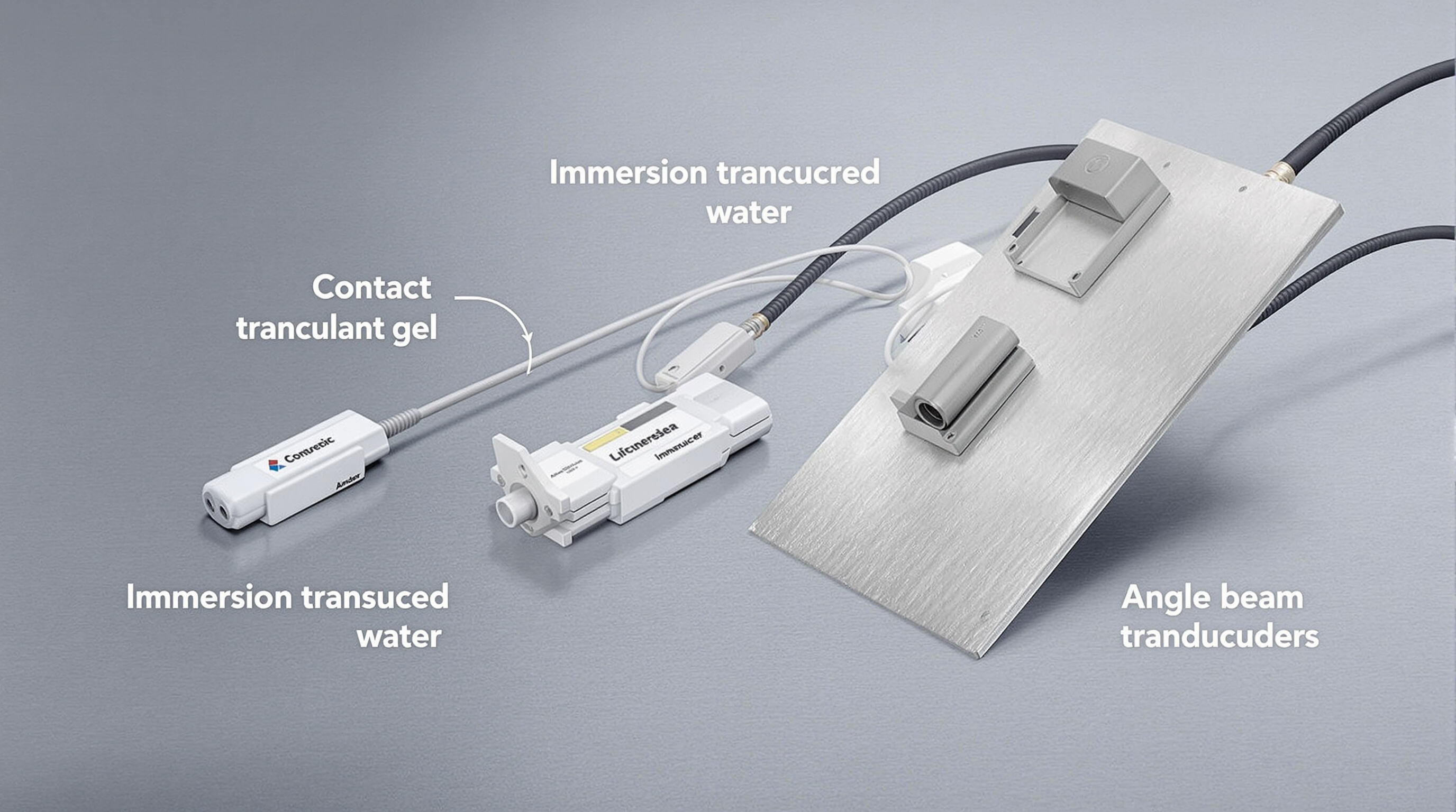 Different ultrasonic transducer designs including contact, immersion, and angle beam types on display