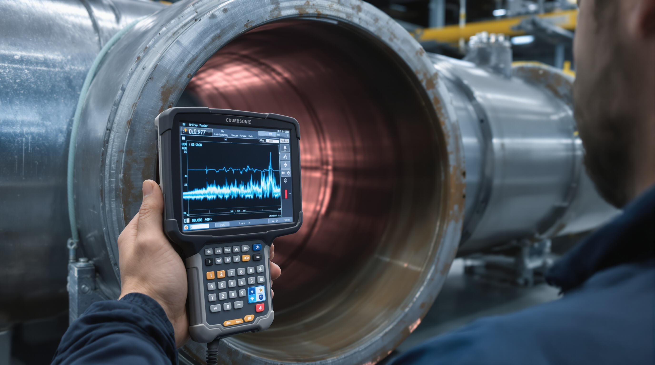 Industrial technician performing ultrasonic non-destructive testing on metal pipe with precision equipment