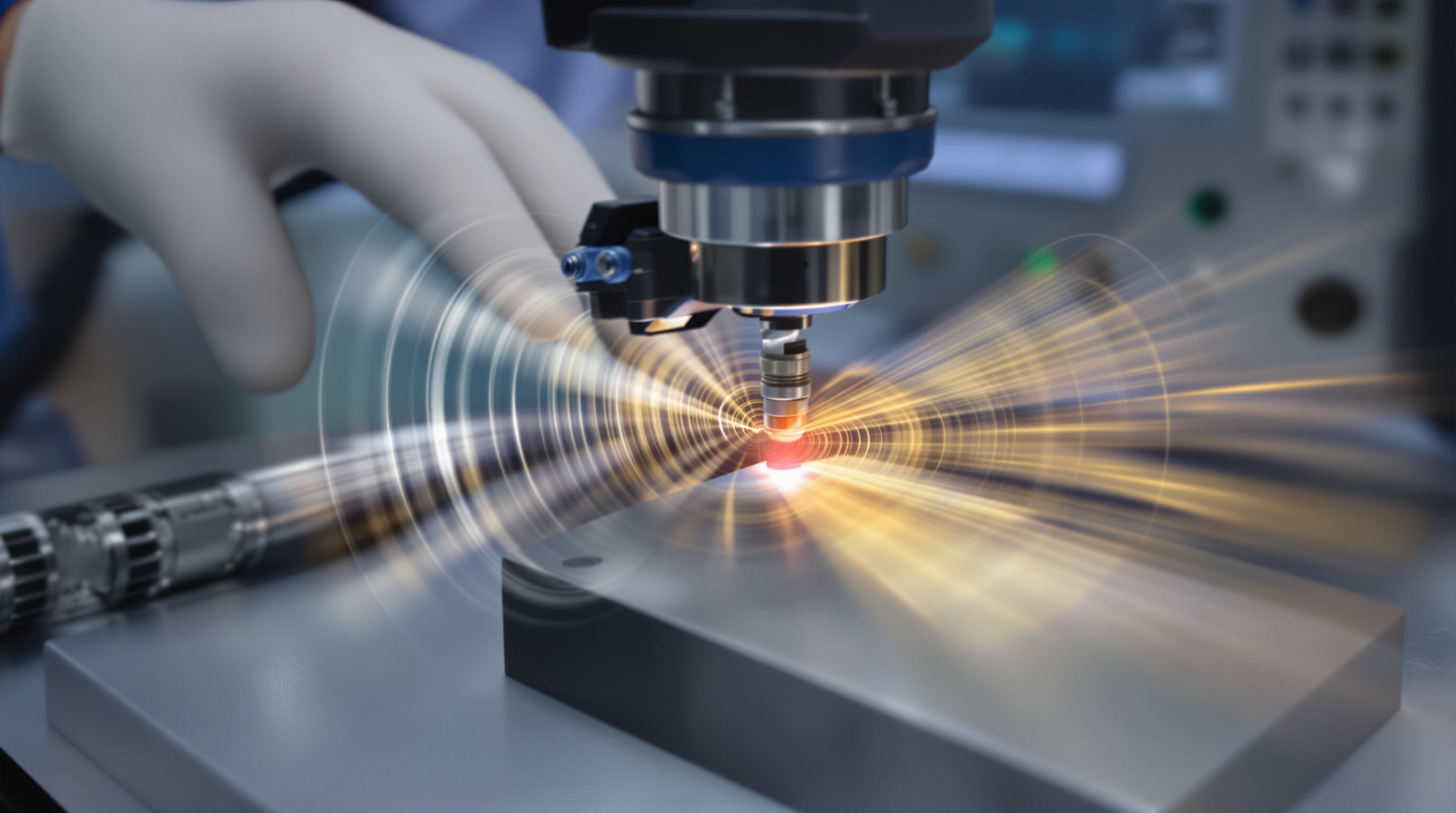 Close-up of ultrasonic transducer testing a metal block with visible acoustic wave reflections