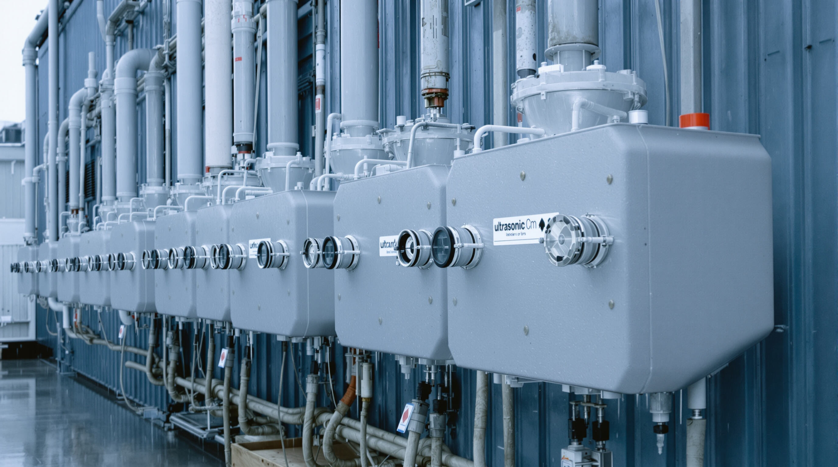 Outdoor ultrasonic transducers with protective systems in a humid setting showing evidence of moisture control
