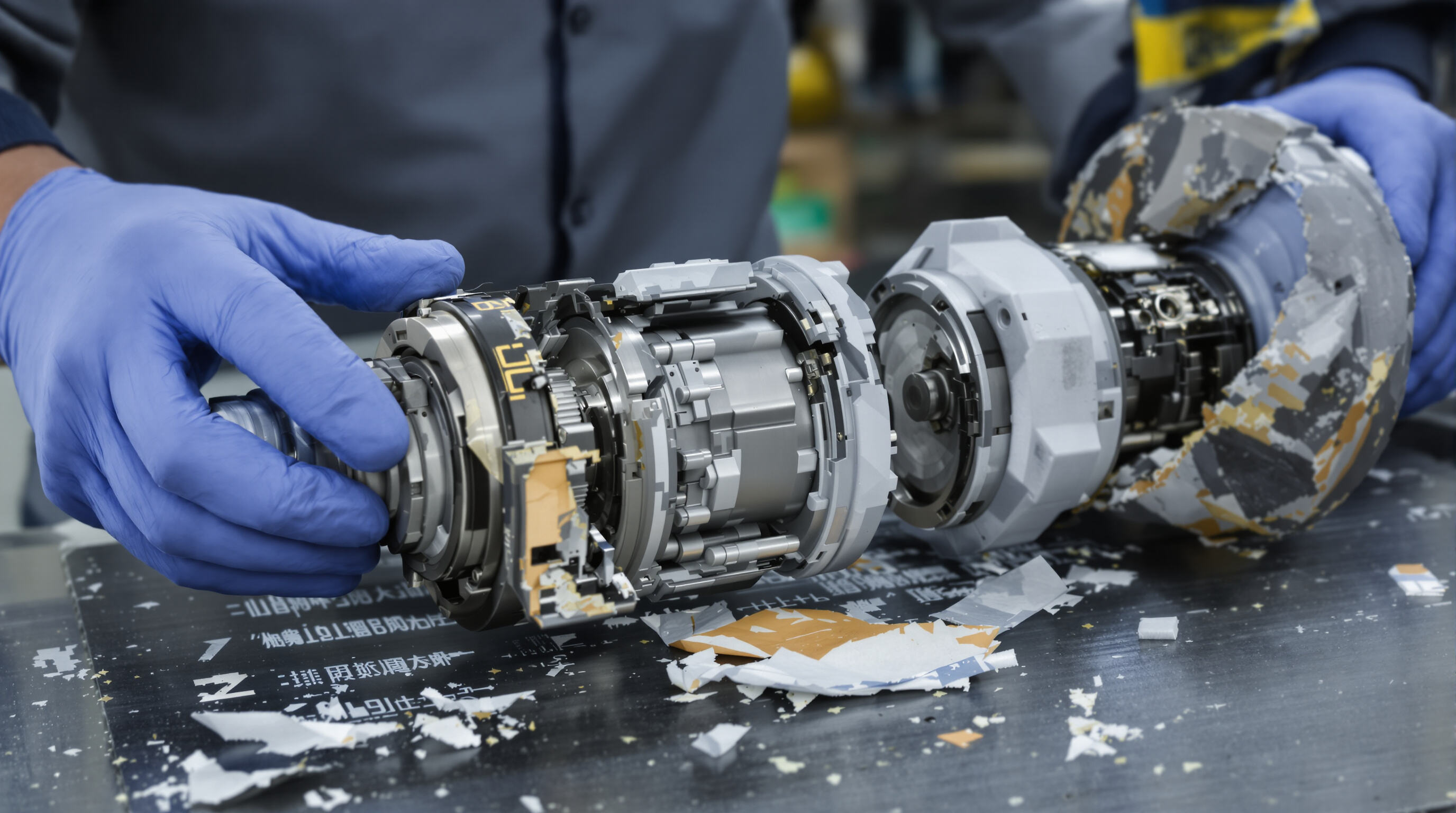 Technician inspecting a disassembled ultrasonic transducer, highlighting degraded internal components